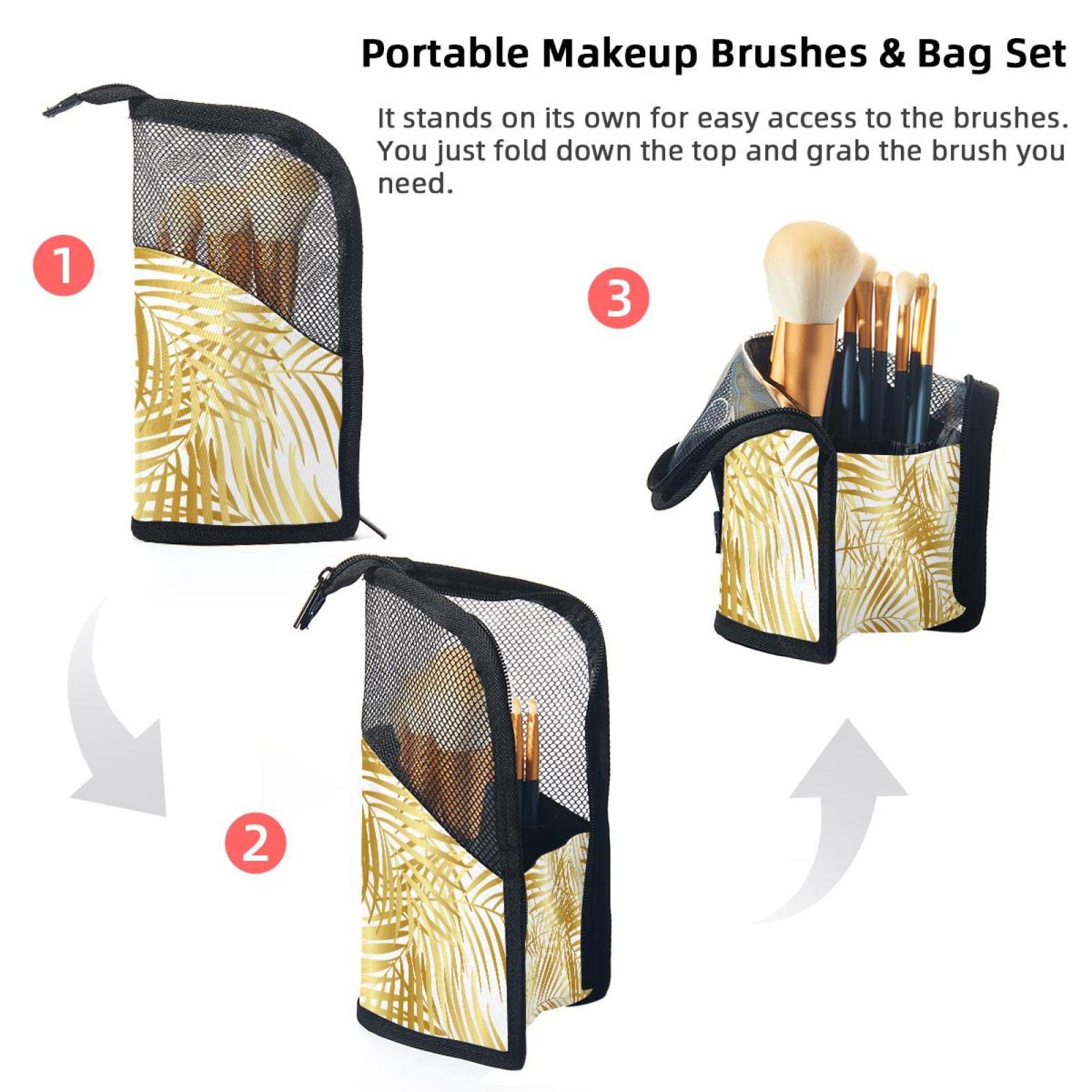 12-Piece Makeup Brush Organizer Bag with Portable Holder Case - Globe Leaves Tropical Design for Travel & Home Storage | Perfect for Makeup Artists & Beauty Enthusiasts