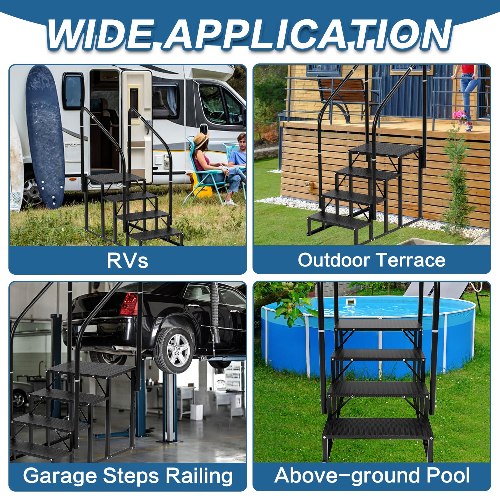 RV Steps With Handrail - 4-Step Non-Slip Aluminum Stairs for Camper, Trailer, Mobile Home, Hot Tub & Outdoor Spa | Heavy Duty Outdoor Stairs for RV Access, Deck Entry & Poolside Use