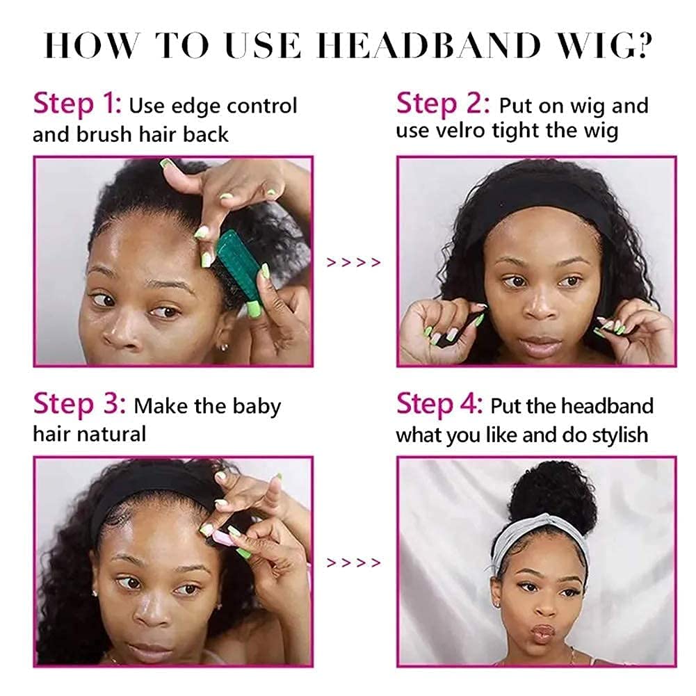 28 Inch Deep Wave Headband Wig - Brazilian Virgin Human Hair, Glueless Machine Made, No Lace Front - Perfect for Black Women | Great for Daily Wear, Parties & Special Occasions