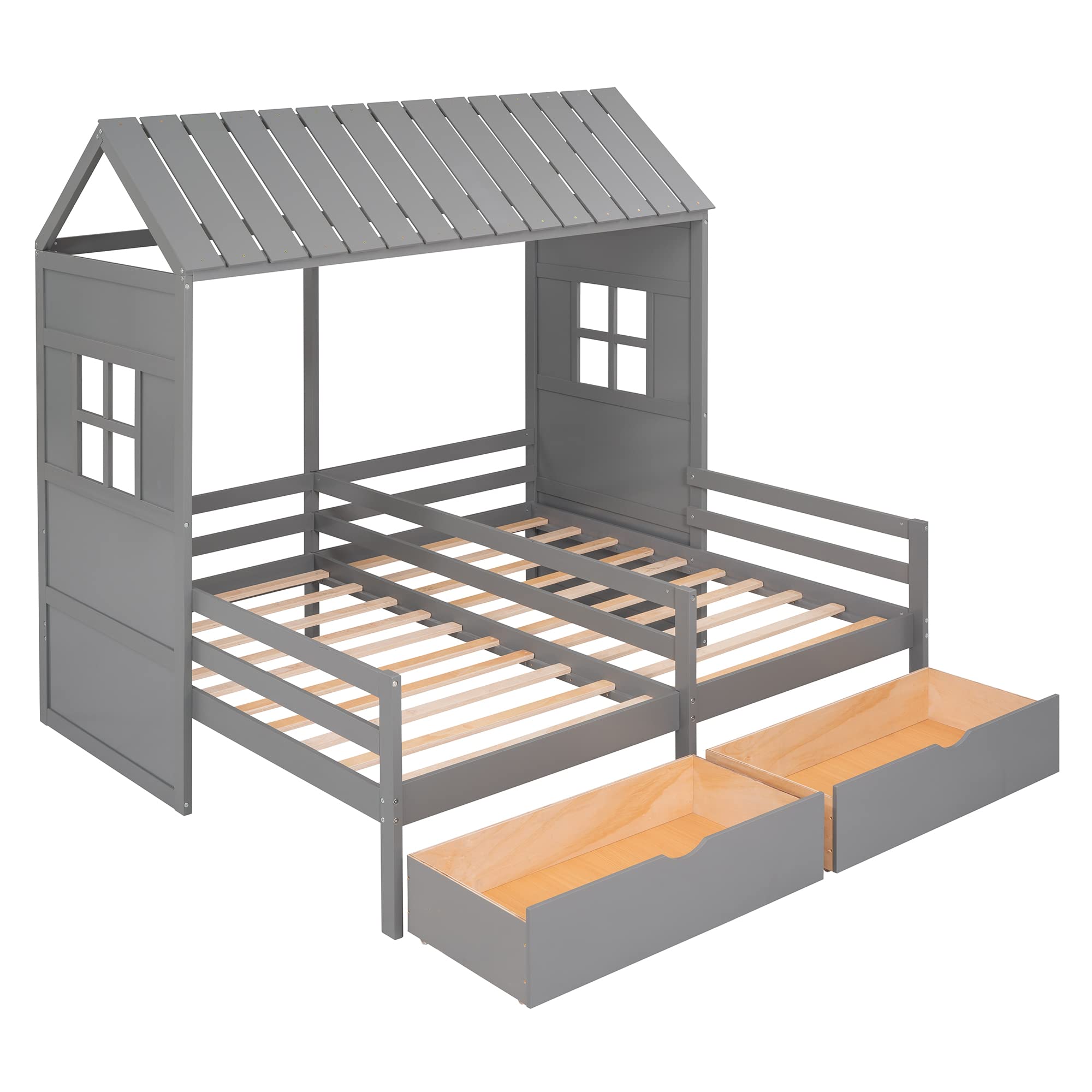 P PURLOVE Twin Size Double Shared Bed - Gray House Platform Bed Frame with 2 Drawers for Kids, Convertible Side by Side Twin Beds for Boy & Girl | Perfect for Siblings Sharing Room, Space-Saving Kids Bedroom Furniture