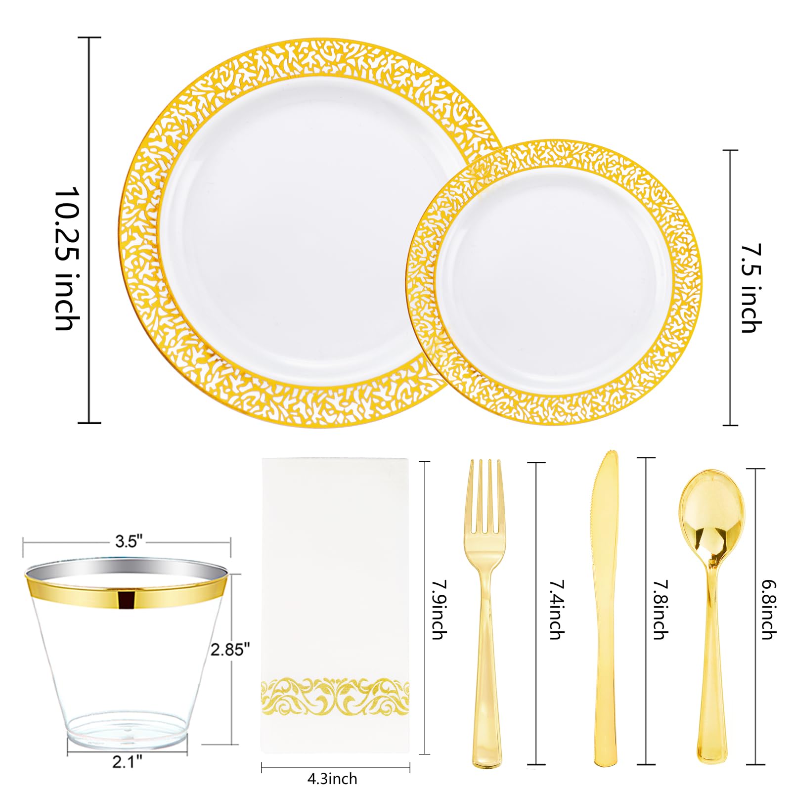 350-Piece Gold Plastic Dinnerware Set for 50 Guests - Disposable Gold Plates, Forks, Knives, Spoons, Cups & Napkins for Parties, Weddings, BBQs & Events - Elegant & Convenient Tableware Solution