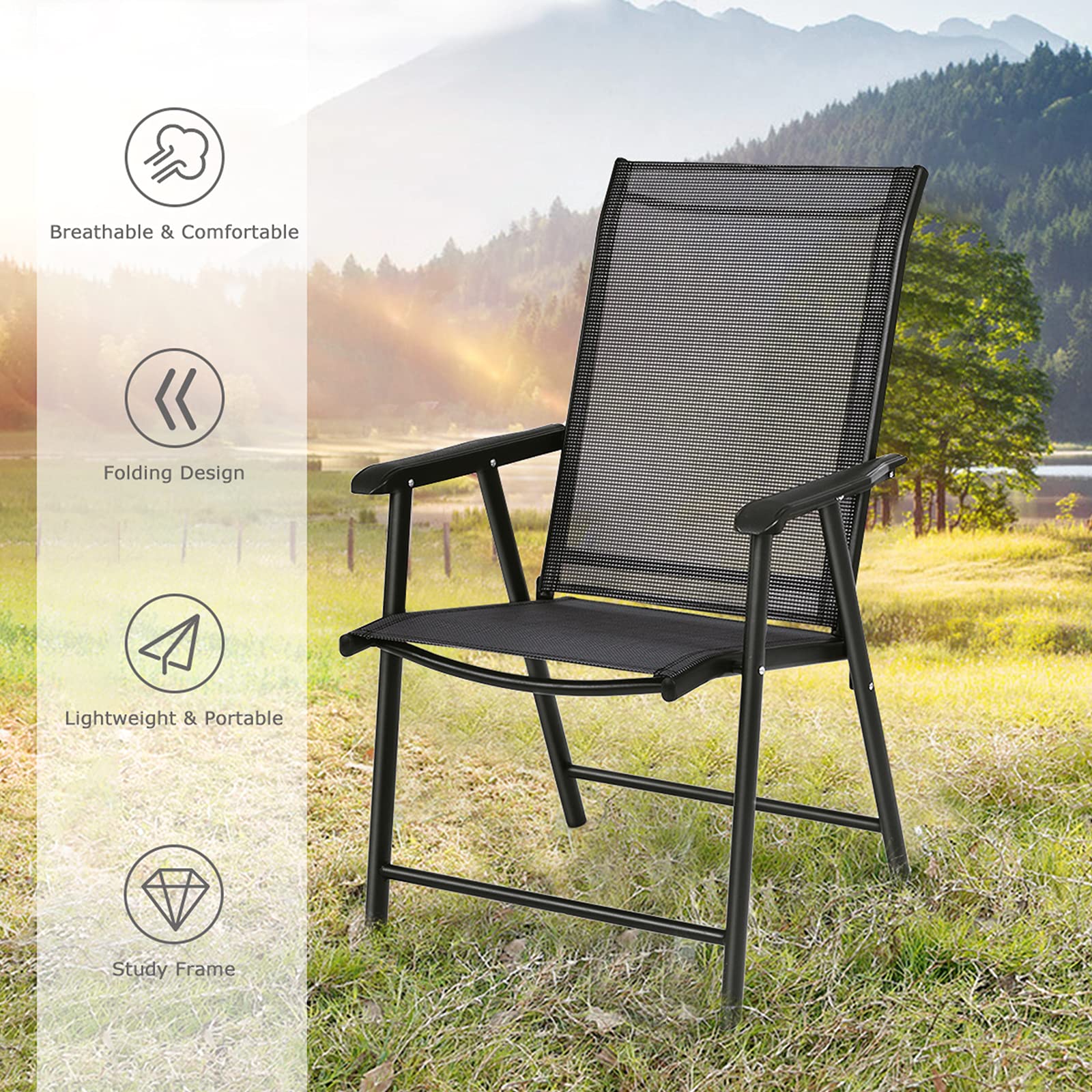 SAFSTAR 4-Pack Black Foldable Outdoor Sling Chairs with Armrests - Patio, Lawn, Garden, Backyard, Poolside & Porch Seating - Heavy Duty Folding Chairs for Camping, Picnics, Beach & BBQs