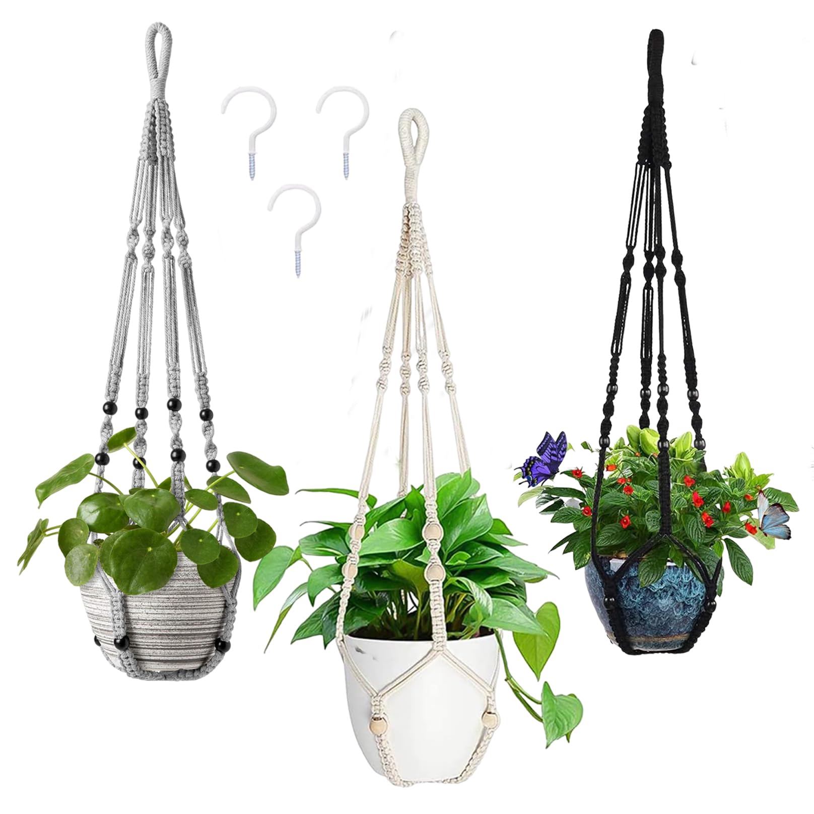 Macrame Plant Hanger 3 Pack - 35 Inch Handmade Cotton Rope Wall Hanging Planter with Beaded & Non-Tassel Design for Indoor & Outdoor Plants - Perfect for Herbs, Ferns, Ivy & Crawling Plants - Includes 3 Hooks for Stylish Home Decor, Boho Room & Garden Display