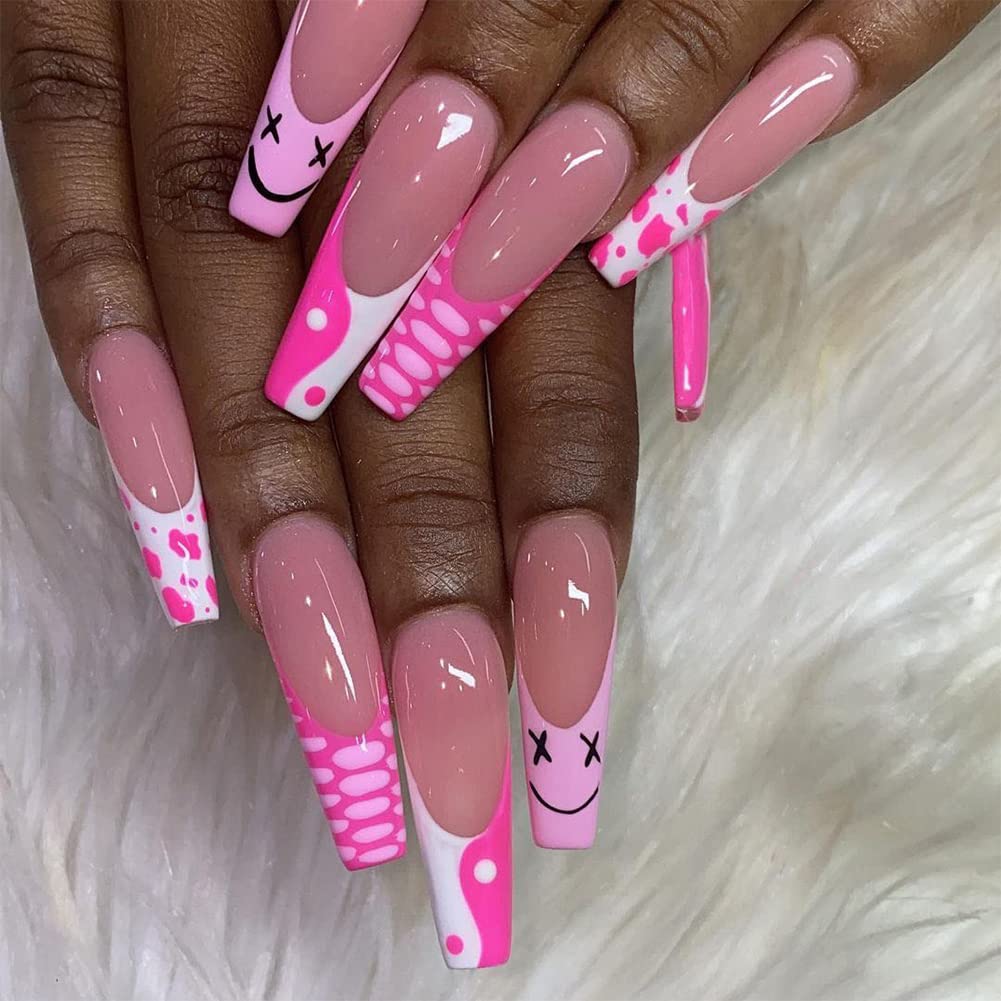 24Pcs Long Coffin Press on Nails - Glossy Ballerina Fake Nails with Square Smile Design, Full Cover Clip on False Nails for Women & Girls (Hot Pink) | Perfect for Parties, Weddings, Date Nights & Special Occasions