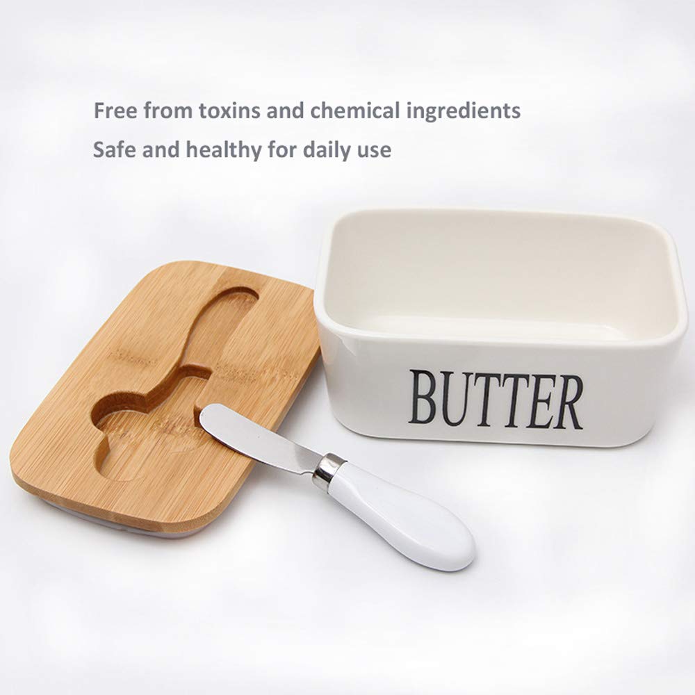 Ceramic Butter Dish with Lid - Large Butter Keeper Container with Bamboo Cover & Silicone Seal - Includes Butter Knife - Perfect for Kitchen, Dining Table, and Gift Giving - Ideal for Keeping Butter Fresh at Room Temperature