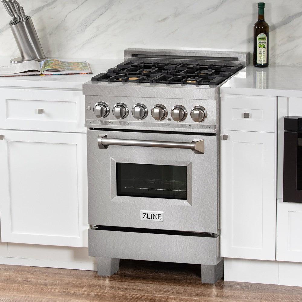 ZLINE 24 Inch 2.8 Cu. Ft. Dual Fuel Range - Gas Cooktop & Electric Convection Oven in Satin Stainless Steel with 4 Brass Burners (RAS-SN-BR-24) - Perfect for Modern Kitchens & Professional Cooking