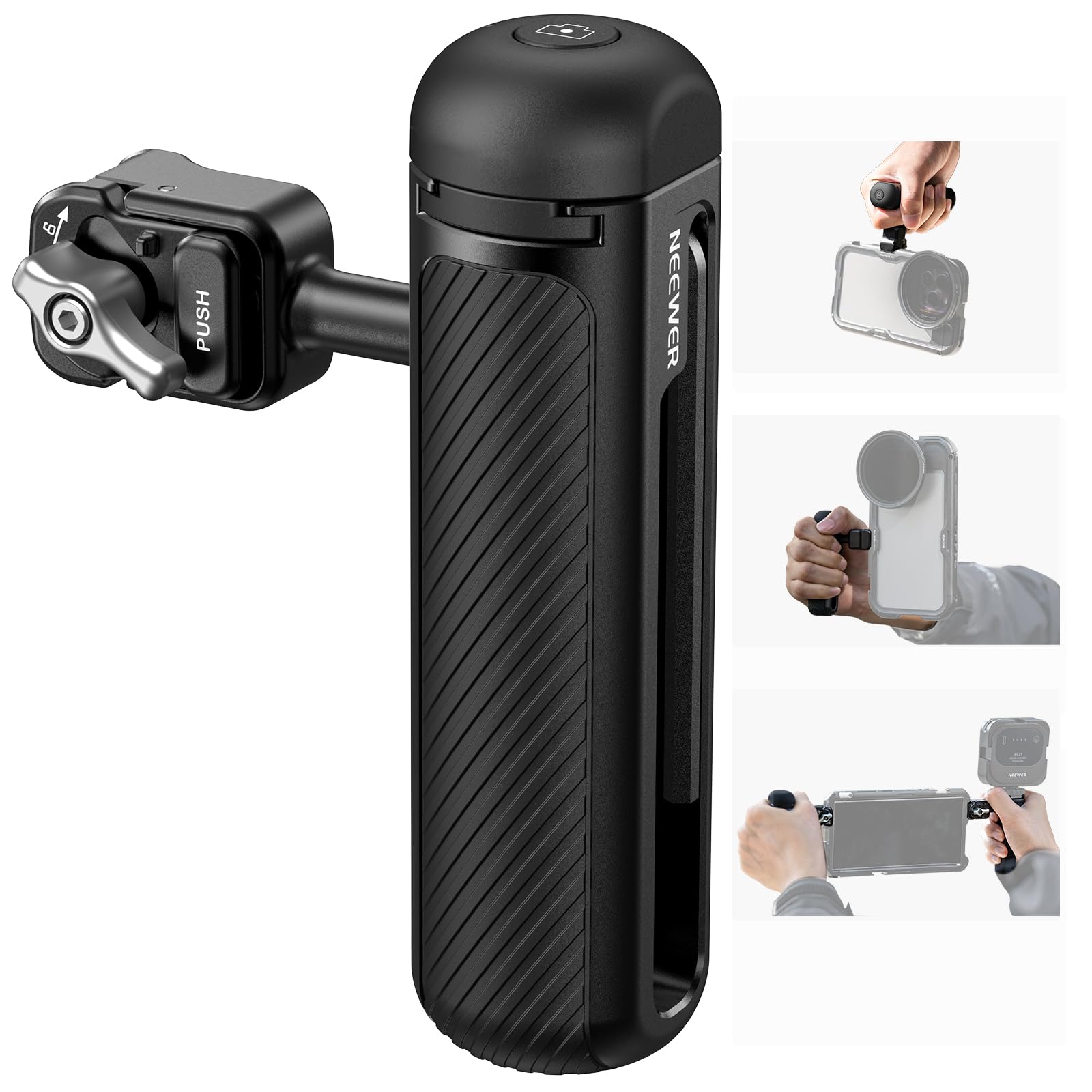 NEEWER PA045E Side Handle with Bluetooth Remote Shutter - Quick Release Clamp & Anti-Slip Cold Shoe Mount for iPhone 15 Pro/15 Pro Max & Galaxy S24 Ultra - Perfect for Vlogging, Live Streaming & Mobile Photography (Silver Lock)