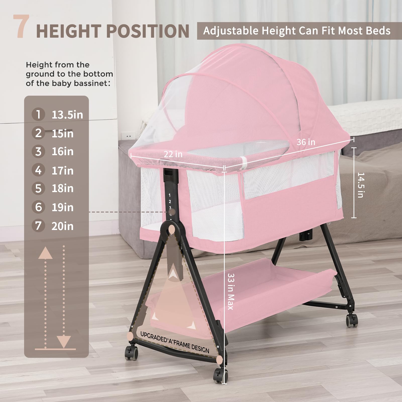 3 in 1 Baby Bassinet with Storage Basket & Wheels - Adjustable Portable Crib for Newborns - Pink Bedside Sleeper with Easy Folding Design - Perfect for Nursery, Bedroom & Travel - Jestonten
