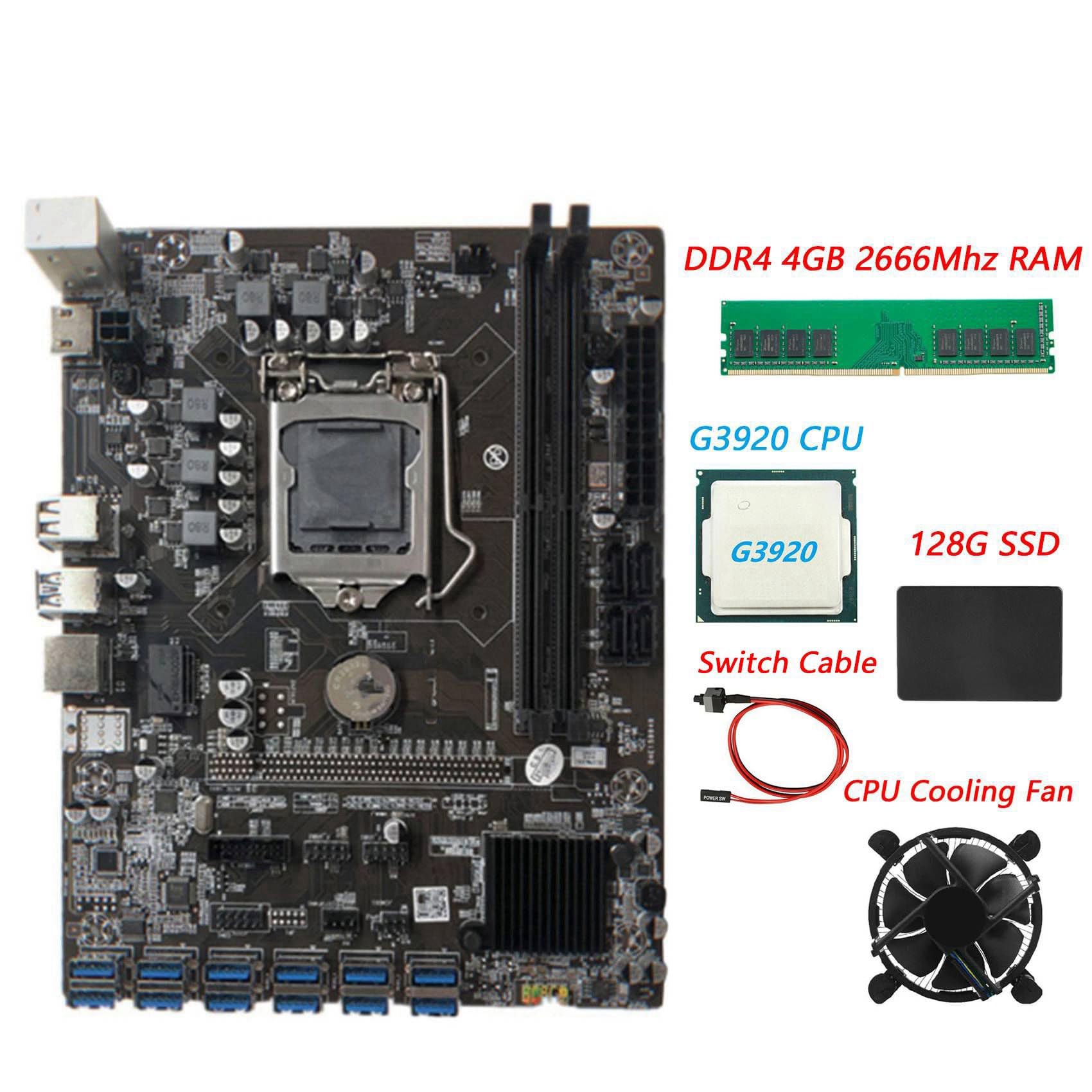 Lanlousy B250C BTC Mining Motherboard Bundle - Intel G3920/G3930 CPU, CPU Fan, 4GB DDR4 2666MHz RAM, 128GB SSD, 12x PCIE to USB 3.0 Graphics Card Slot - Perfect for Cryptocurrency Mining Rigs & High-Performance Computing