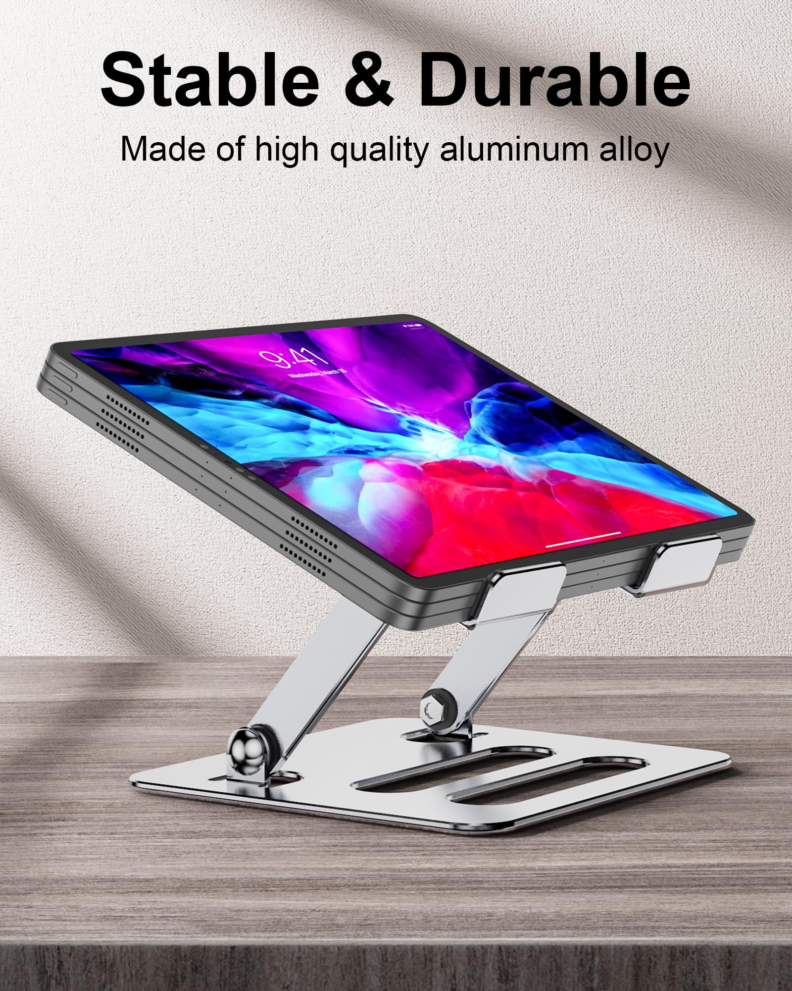 Adjustable Aluminum Tablet Stand Holder for iPad Pro/Air/Mini, Kindle & 4.7-12.9 Inch Tablets - Foldable & Portable Desk Stand for Work, Travel & Home Use (Silver)