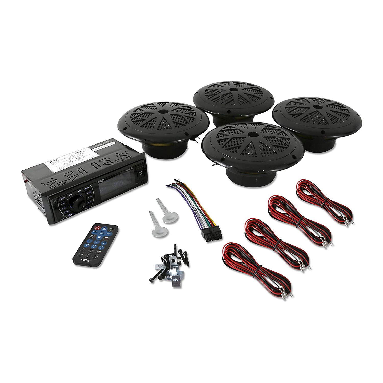 Pyle 6.5 Inch Waterproof Bluetooth Marine Stereo System with Speakers - Wireless Streaming, USB Port, AM/FM Radio, Hands-Free Calling & Remote Control (2 Pack, Black) - Perfect for Boats, Yachts & Outdoor Marine Entertainment