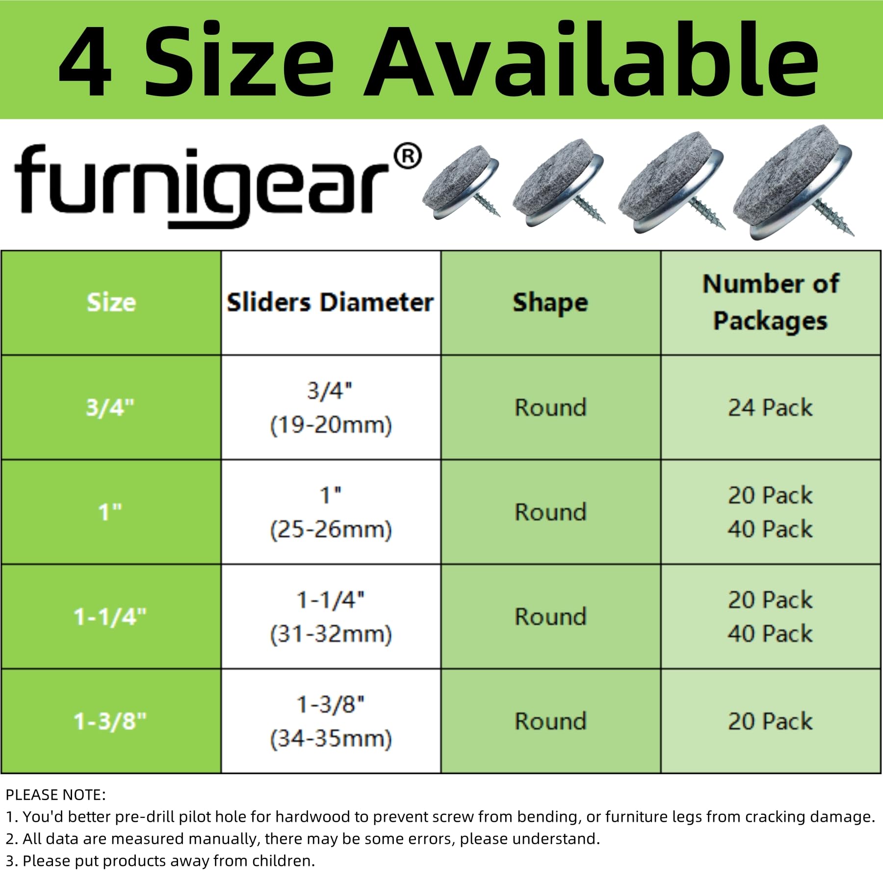 Furnigear 40-Pack 1-Inch Grey Screw-On Furniture Pads & Sliders for Wooden Chair Legs - Best Hardwood Floor Protectors for Wood, Laminate & Tile Floors - Prevent Scratches & Noise in Living Room, Bedroom & Office