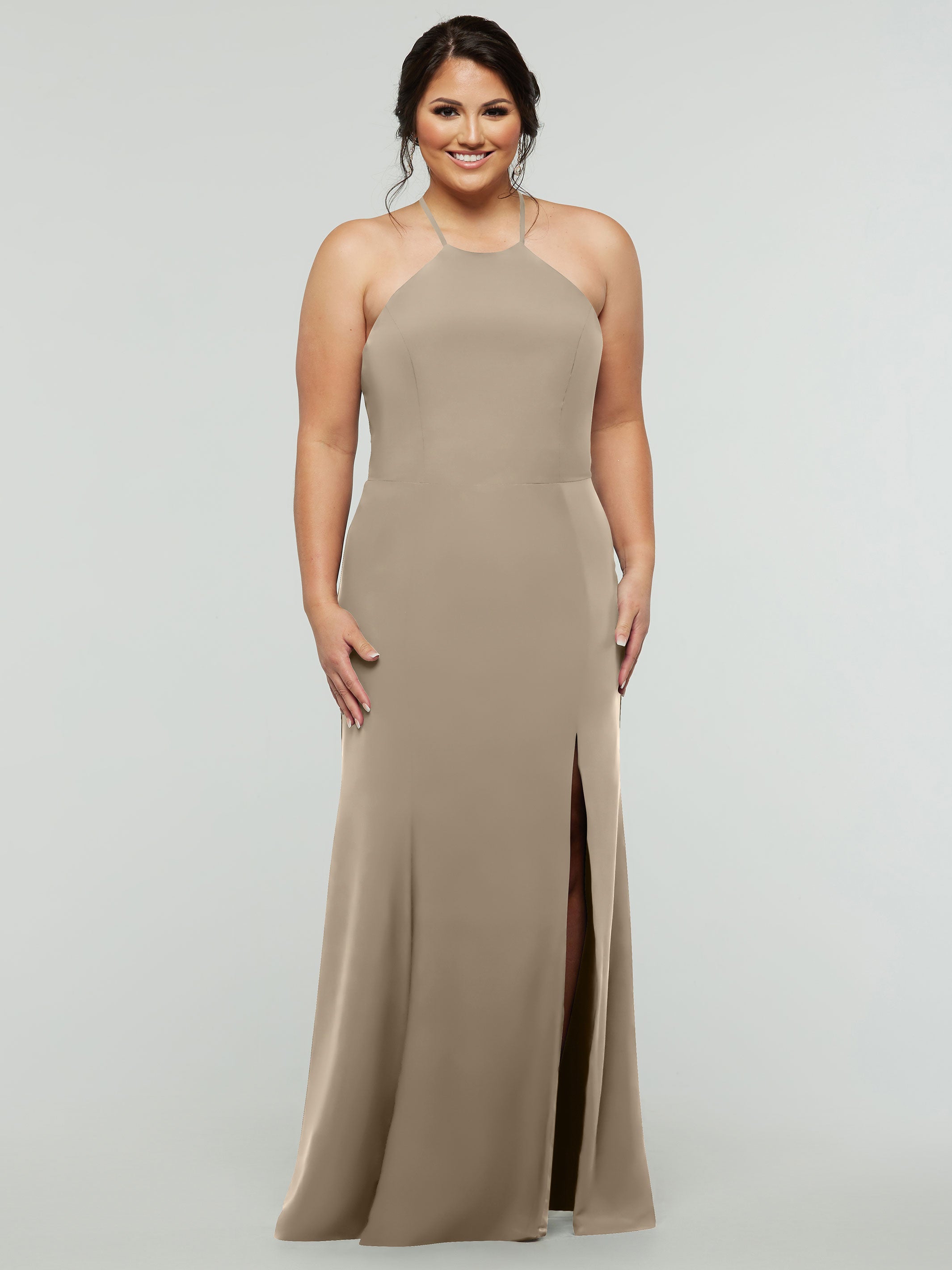 Elegant 83031 Fit and Flare Stretch Chiffon Bridesmaid Dress with Halter Neck & Thigh Slit - Perfect for Weddings, Prom, and Formal Events