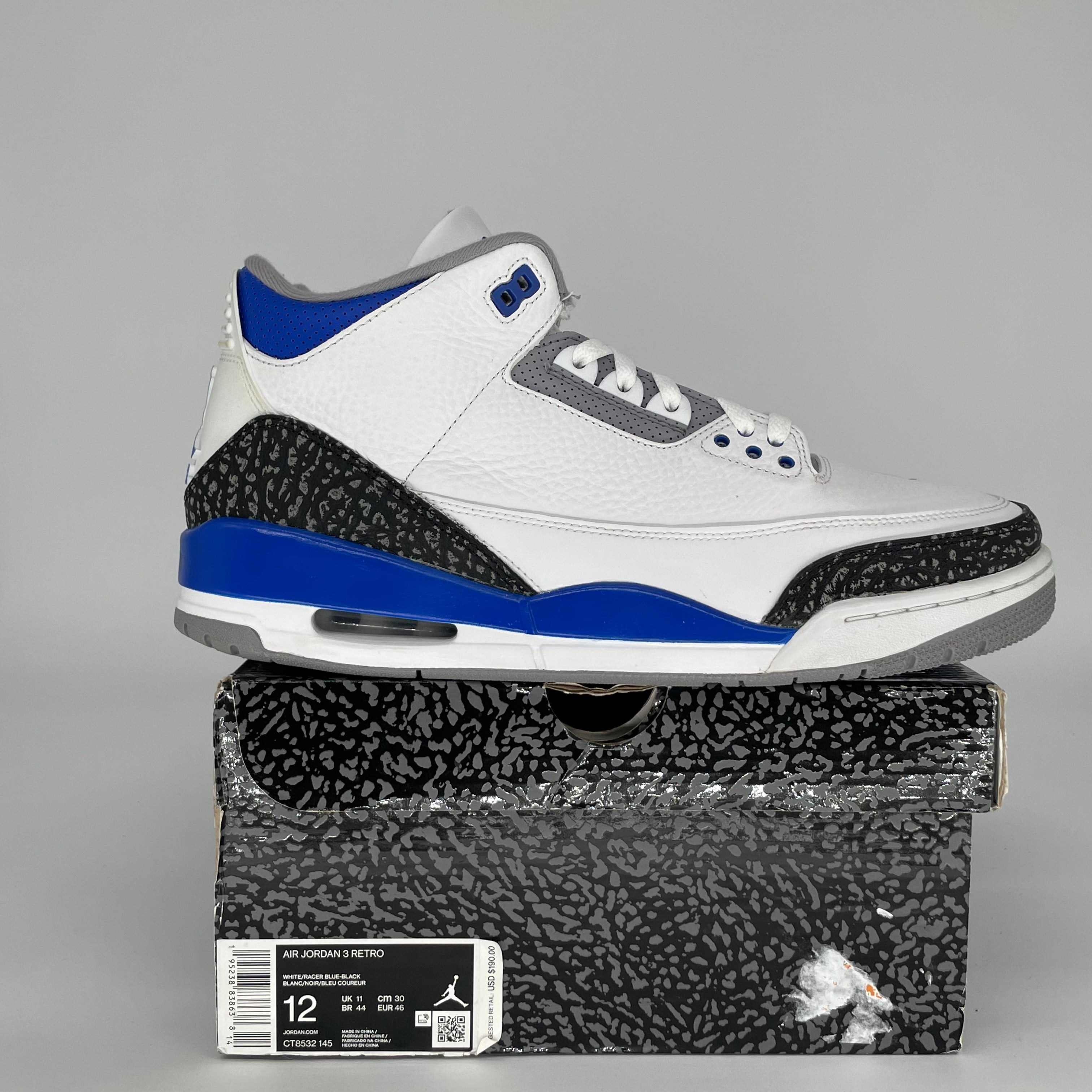 AIR JORDAN 3 RACER BLUE Men's Basketball Shoes Size 12 - Retro Style Sneakers for Running, Training & Casual Wear (CT8532-145)