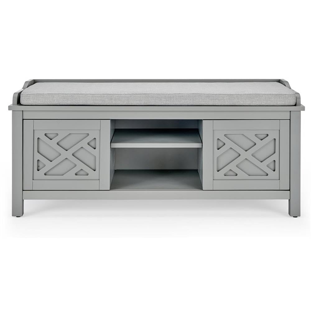 Coventry 45-inch Wooden Storage Bench with Cushion & Decorative Side Panels - Gray Accent Table for Entryway, Mudroom & Laundry Room - Adjustable Removable Shelves - Perfect for Home Organization & Cozy Seating