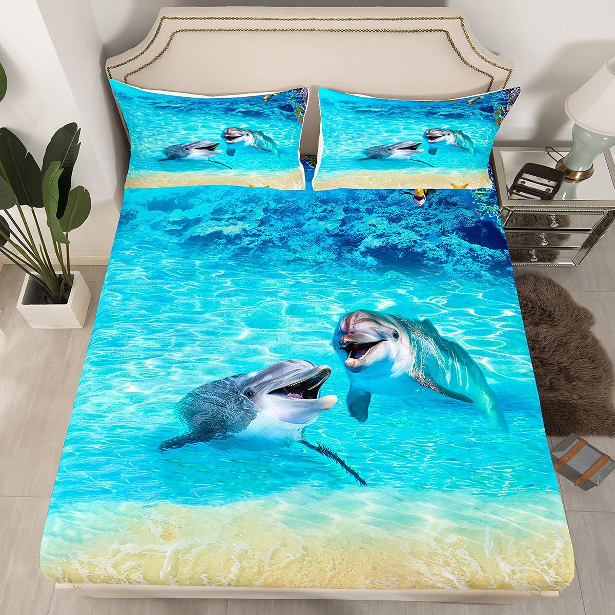 Dolphin Fitted Sheet & Pillowcase Set - Underwater Animal Theme Full Size Bedding for Kids | Ocean Beach Starfish Coral Decor | Boys Girls Room | Hawaiian Sea Life Bed Cover (No Flat Sheet) - Perfect for Beach Themed Bedrooms & Nautical Nursery Decor