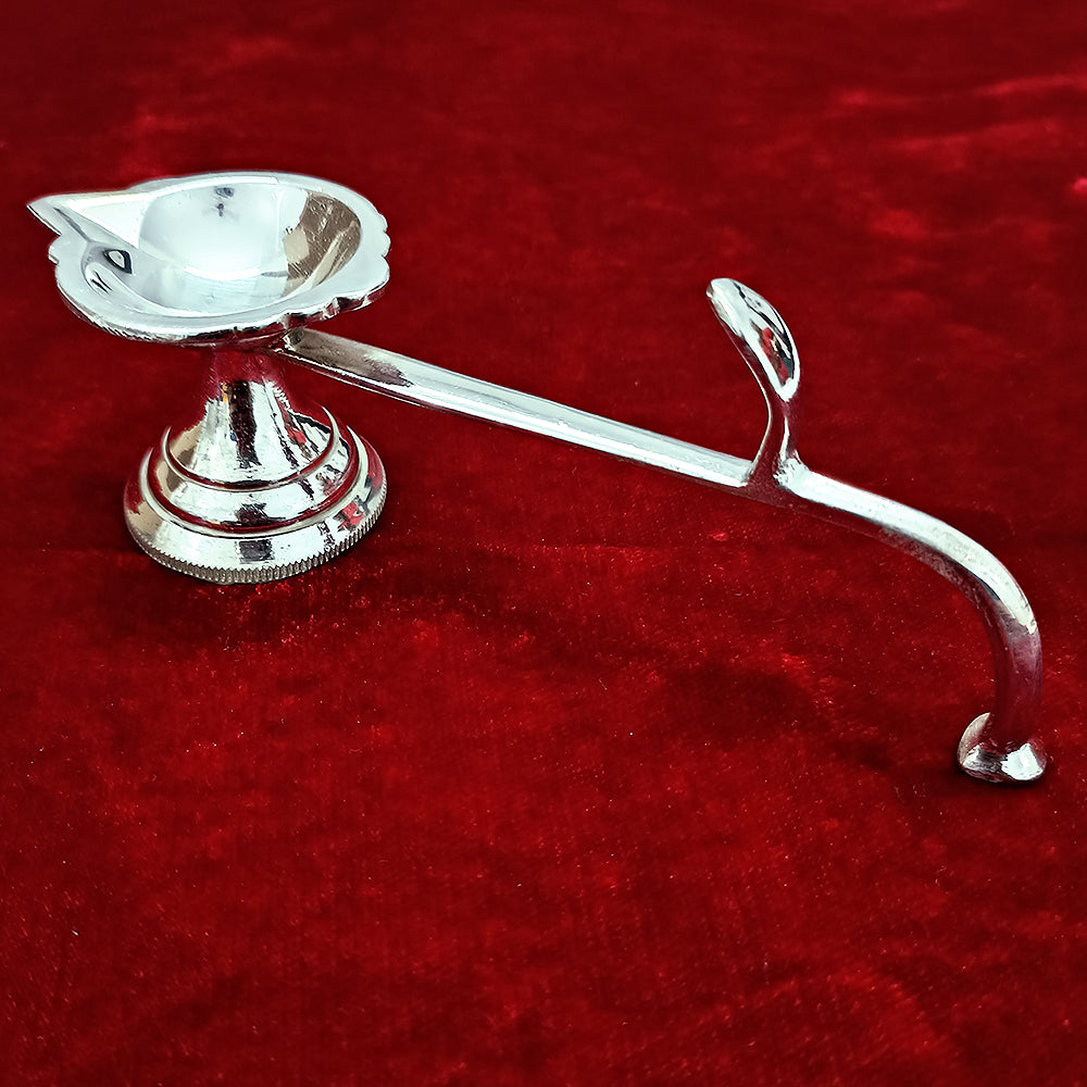 925 Sterling Silver Long Diya with Handle - Elegant Indian Oil Lamp for Puja, Diwali & Home Decor (Design 33) | Perfect for Festivals, Weddings & Spiritual Ceremonies