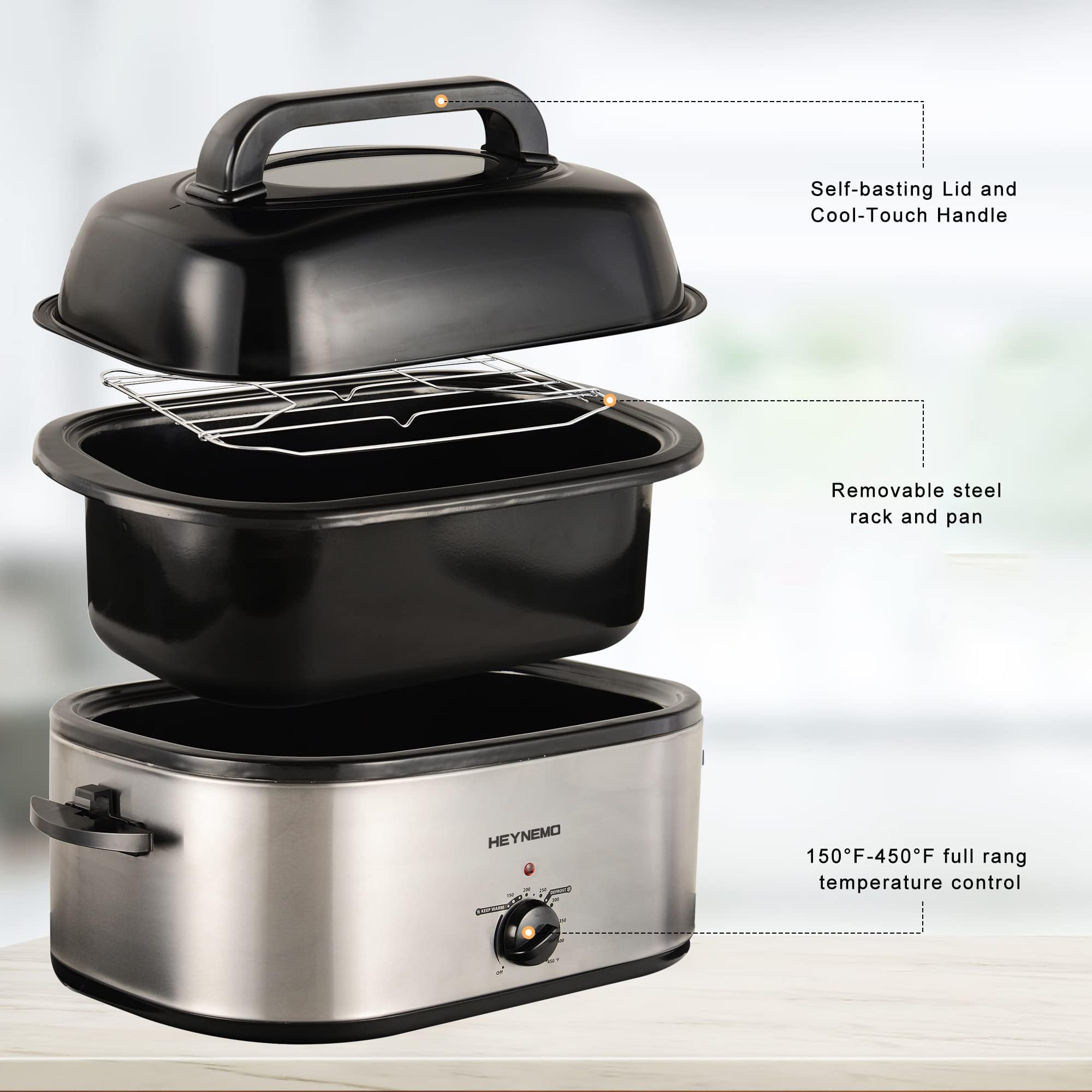 24 Qt Electric Roaster Oven with Viewing Lid - Large Stainless Steel Turkey Roaster for Thanksgiving, Holiday Cooking & Family Gatherings - Perfect for Roasting Turkey, Chicken, Beef & Baking (Silver)