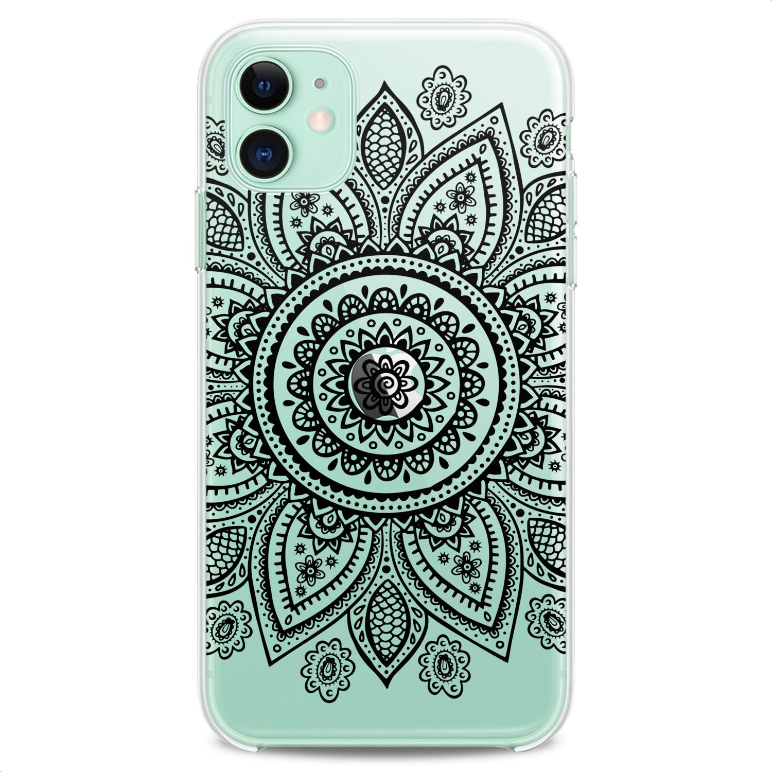 Premium TPU Phone Case for iPhone 16/15/14/13/12/11 Pro Max/Plus/Mini/Xs/Xr/X/8+/7/6/5/SE - Slim Protective Silicone Cover with Boho Tribal Flower & Mandala Print Design (Black/Clear) - Perfect for Teens, Girls & Fashion Lovers - Great for Daily Use, Travel & Gift Giving