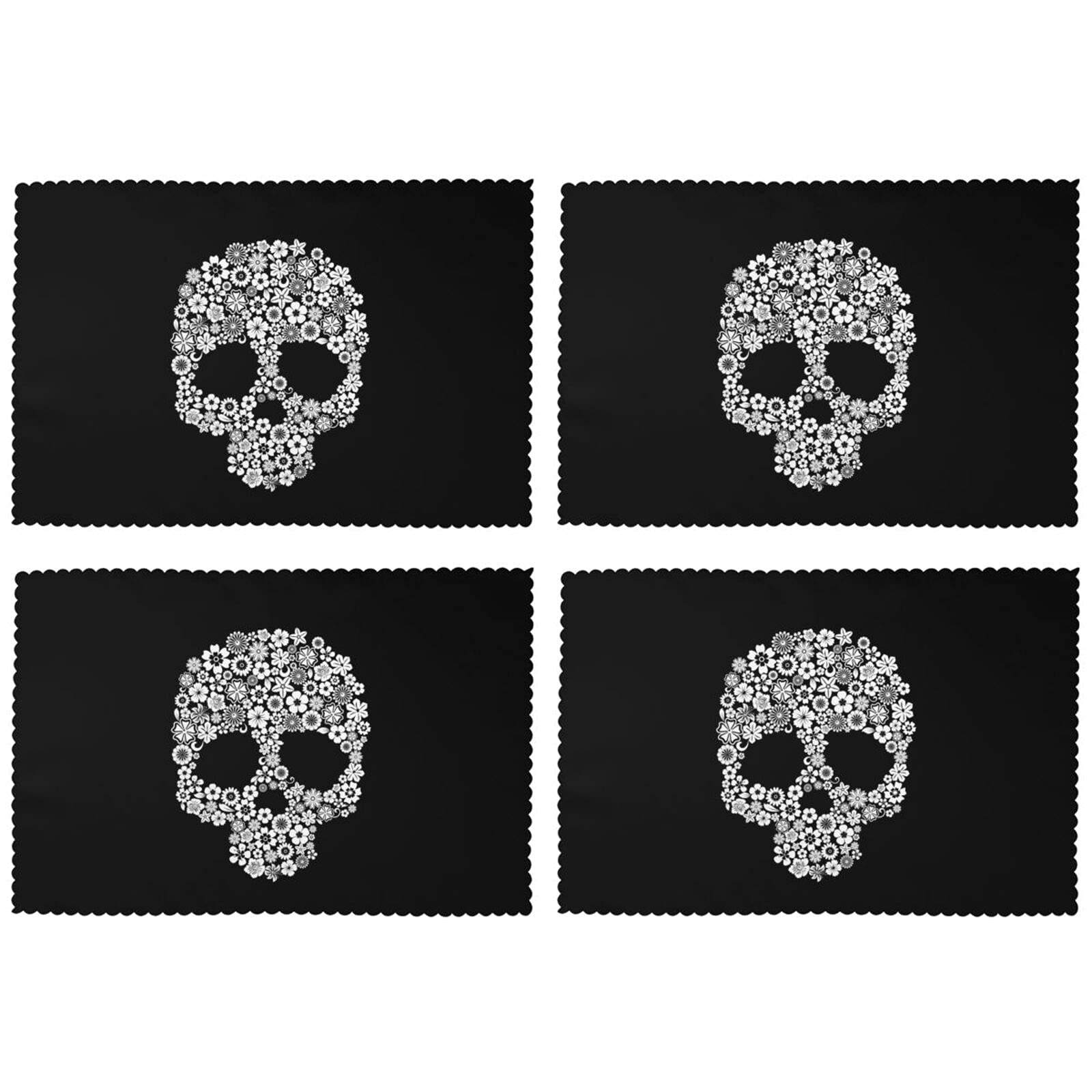 VunKo Floral Skull Placemats Set of 4 - Day of The Dead Themed 12 x 18 Inch Washable & Heat-Resistant Table Mats for Kitchen, Dining Table, Halloween Party Decor - Black Home Decoration