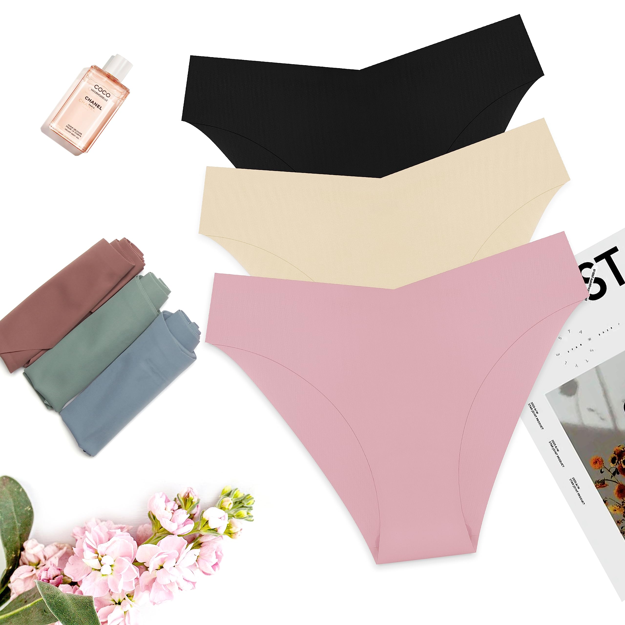 Breathable Seamless Cheeky Underwear for Women - Stretch V-Waist No Show Bikini Panties, Invisible Hipster Underwear (6-Pack, S-XL) - Perfect for Yoga, Workout & Everyday Comfort