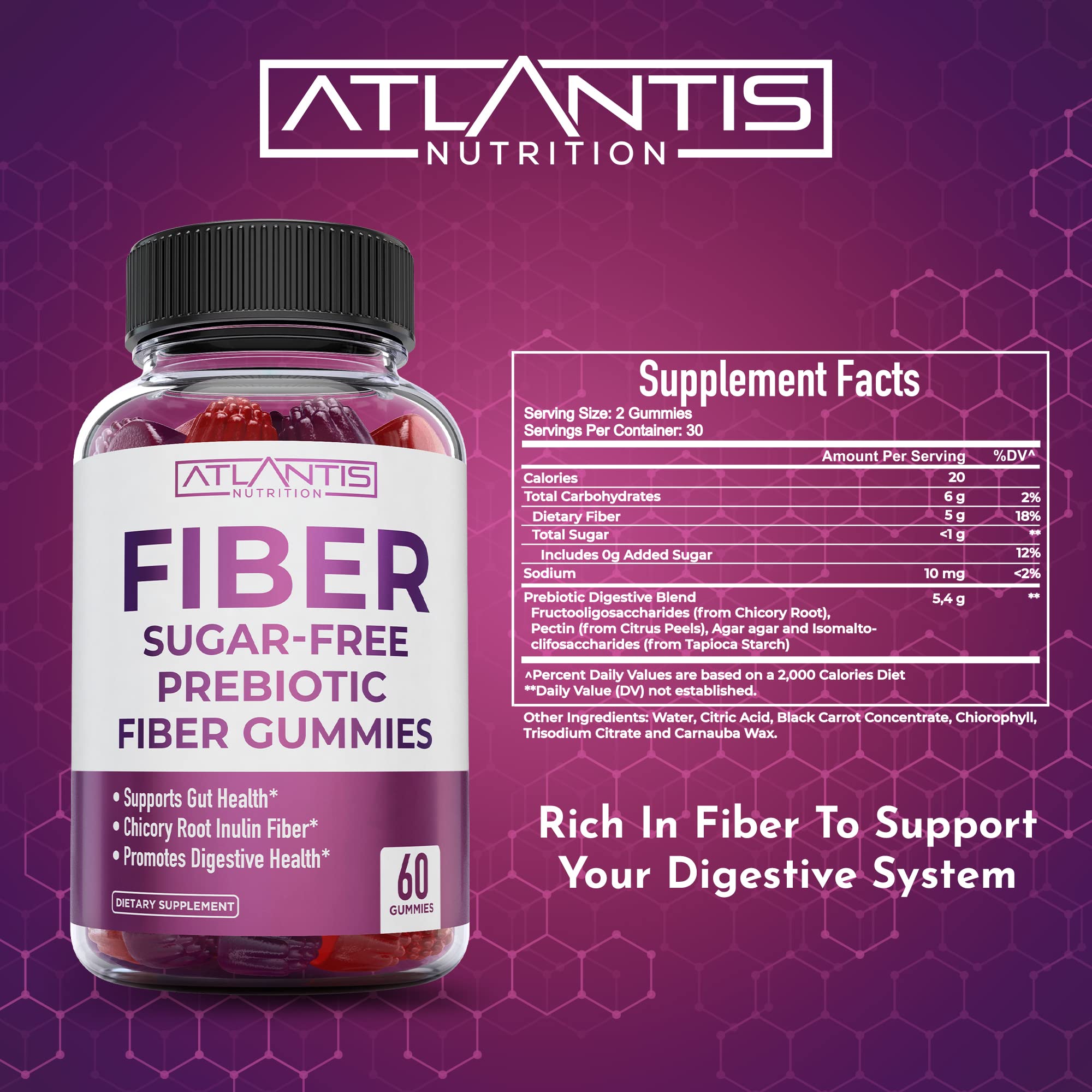 Atlantis Nutrition Sugar Free Prebiotic Fiber Gummies for Adults - 2 Pack (120 Gummies) | Keto Friendly Digestive Support | Apple Cider Vinegar Supplement 60 Gummies | Supports Gut Health & Weight Management - Perfect for Keto Diet & Daily Wellness Routine