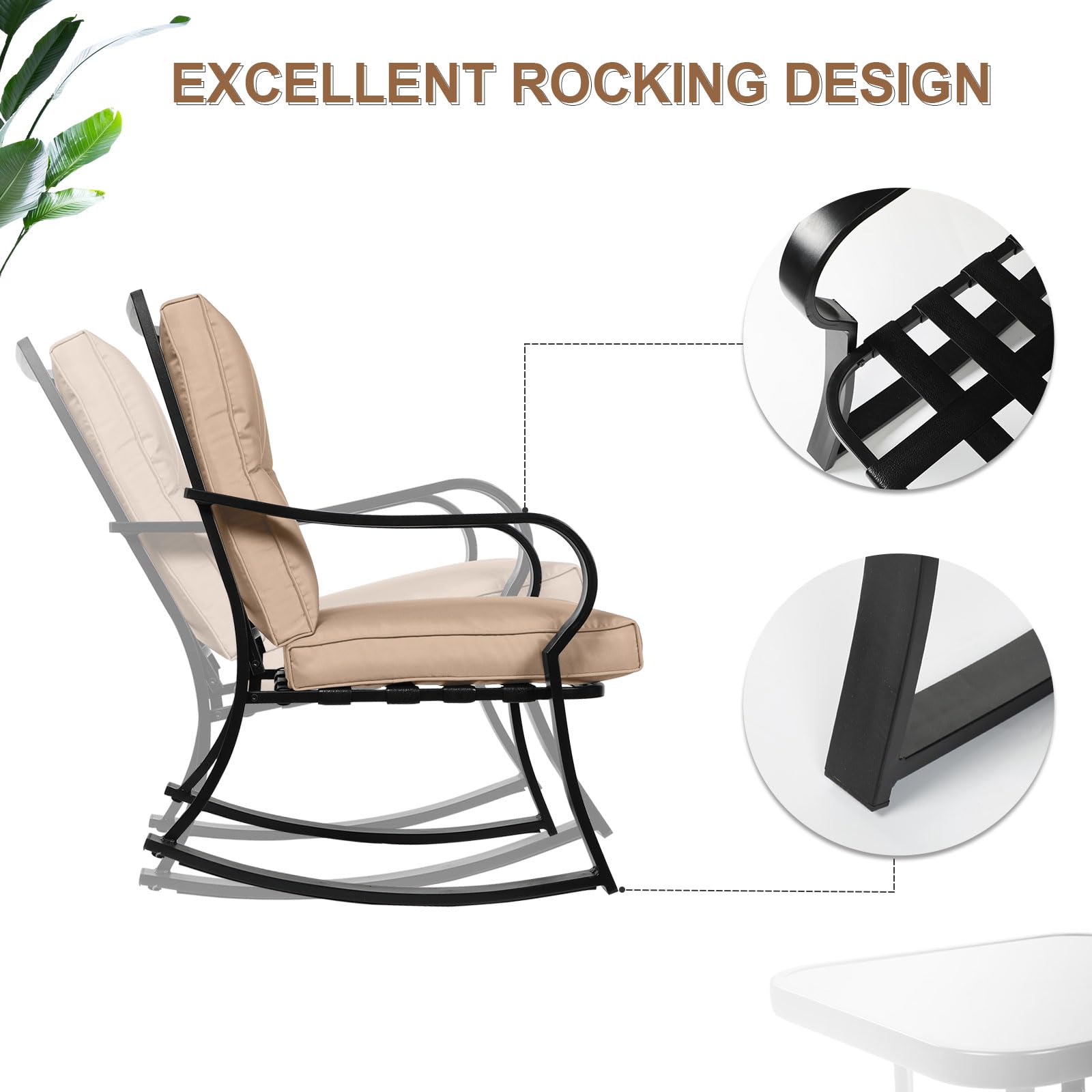 Crownland Outdoor Rocking Chairs 3-Piece Patio Set with Bistro Table - Black Iron Frame with Thickened Cushions & Glass Coffee Table - Brown - Perfect for Garden, Porch, Backyard Relaxation and Outdoor Entertaining