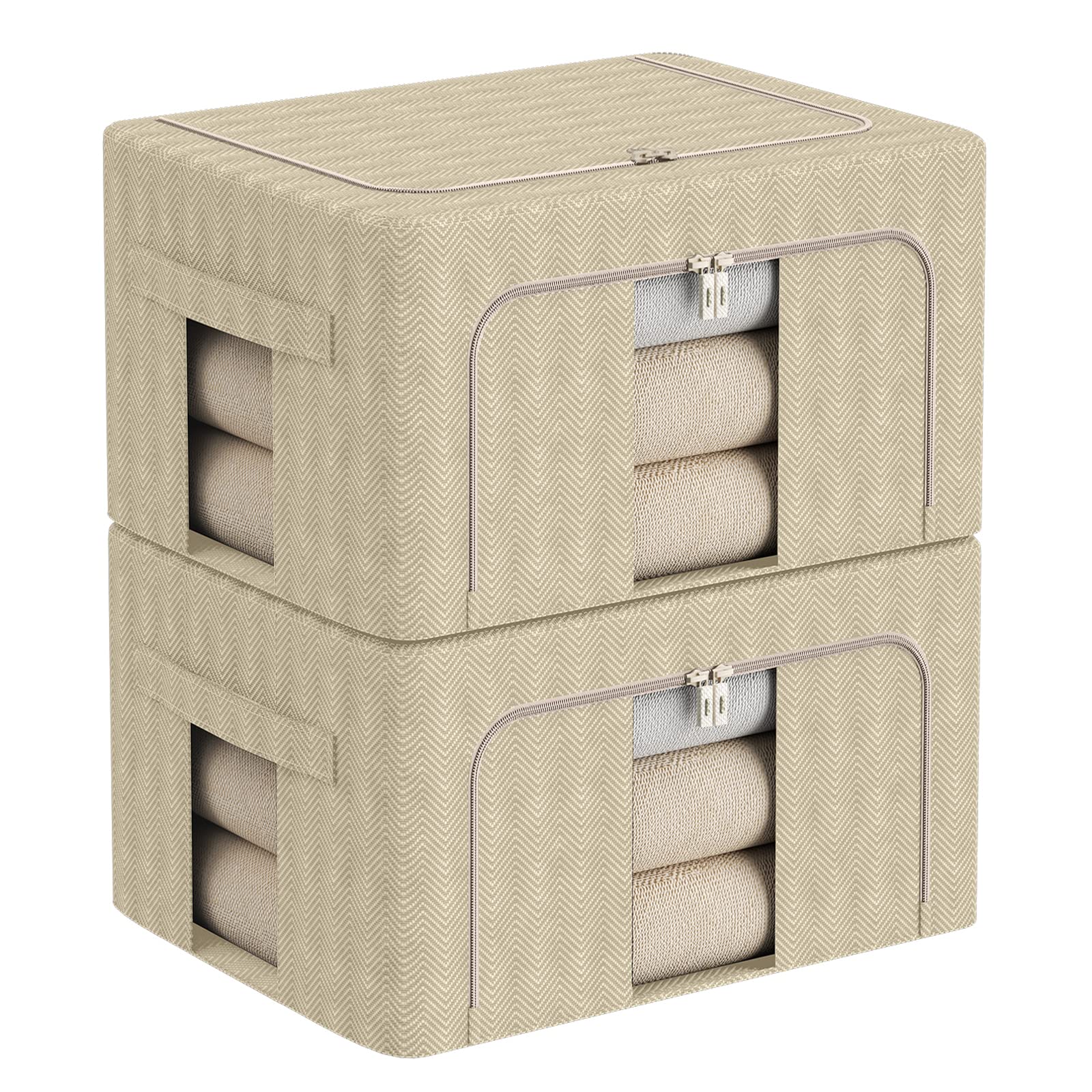 2 Pack Foldable Clothes Storage Bins with Metal Frame - Stackable Fabric Organizer Box with Clear Window & Handles for Home Closet, Nursery, Office (Beige, 15.7x11.8x7.8inch, 22L) - Perfect for Organizing Clothes, Toys, Blankets & Seasonal Items