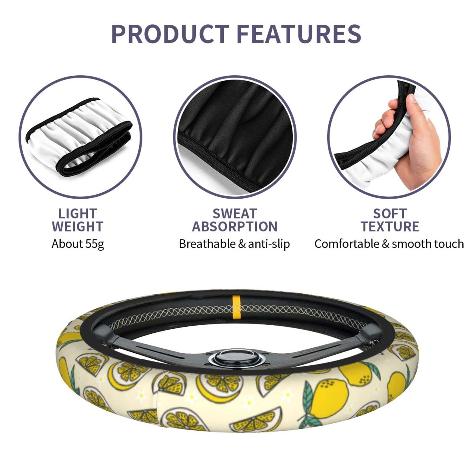 15 Inch Universal Neoprene Steering Wheel Cover with Fresh Lemon Fruits & Flowers Print - Cute Car Accessory for Women, Summer Driving & Vehicle Protection