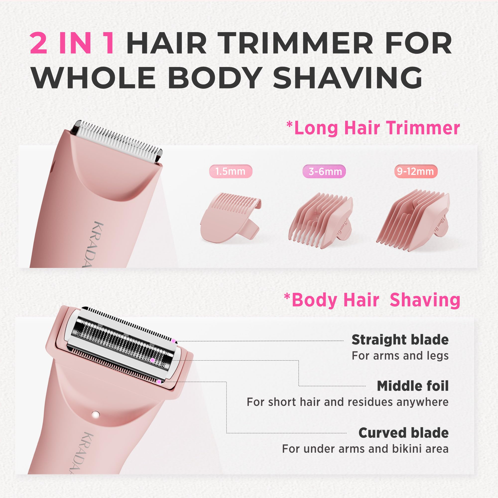 Painless Electric Bikini Trimmer for Women - Rechargeable Pubic Hair Shaver with IPX7 Waterproof Design for Body & Underarm Hair (Pink) | Perfect for Travel, Gym & Sensitive Skin Care