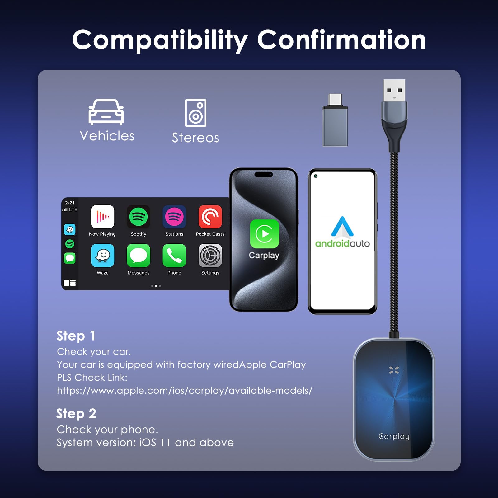 Wireless CarPlay Adapter - Convert Wired to Wireless CarPlay Dongle for iPhone & Android - Plug & Play Auto Kit for 2017+ Vehicles - Perfect for Hands-Free Driving & Seamless Music Streaming