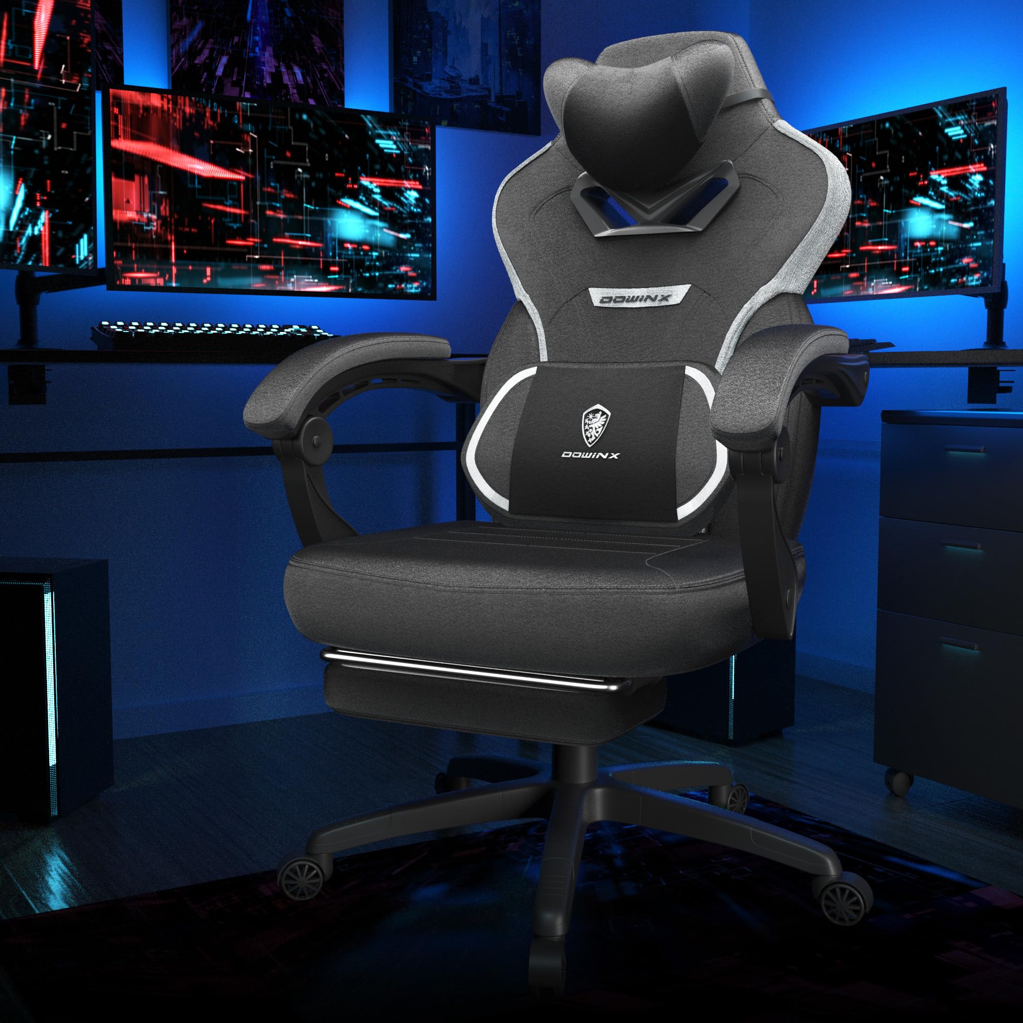 Dowinx Ergonomic Fabric Gaming Chair with Adjustable Footrest & Lumbar Massage - Heavy Duty Computer Game Chair for Adults Up to 200lbs - Perfect for Esports, Office Work & Home Gaming Setup (Black)