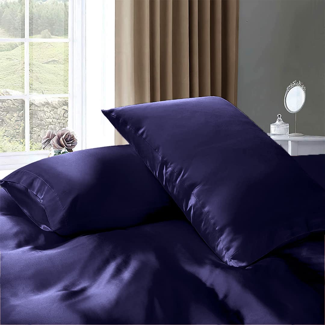 Luxury 7-Piece Silk Satin Sheet Set for Short Queen Beds - Deep Pocket Cooling Bedding - Wrinkle-Free Hotel Quality Navy Blue Duvet Cover & Pillowcases - Perfect for Hot Sleepers & Upscale Bedroom Decor