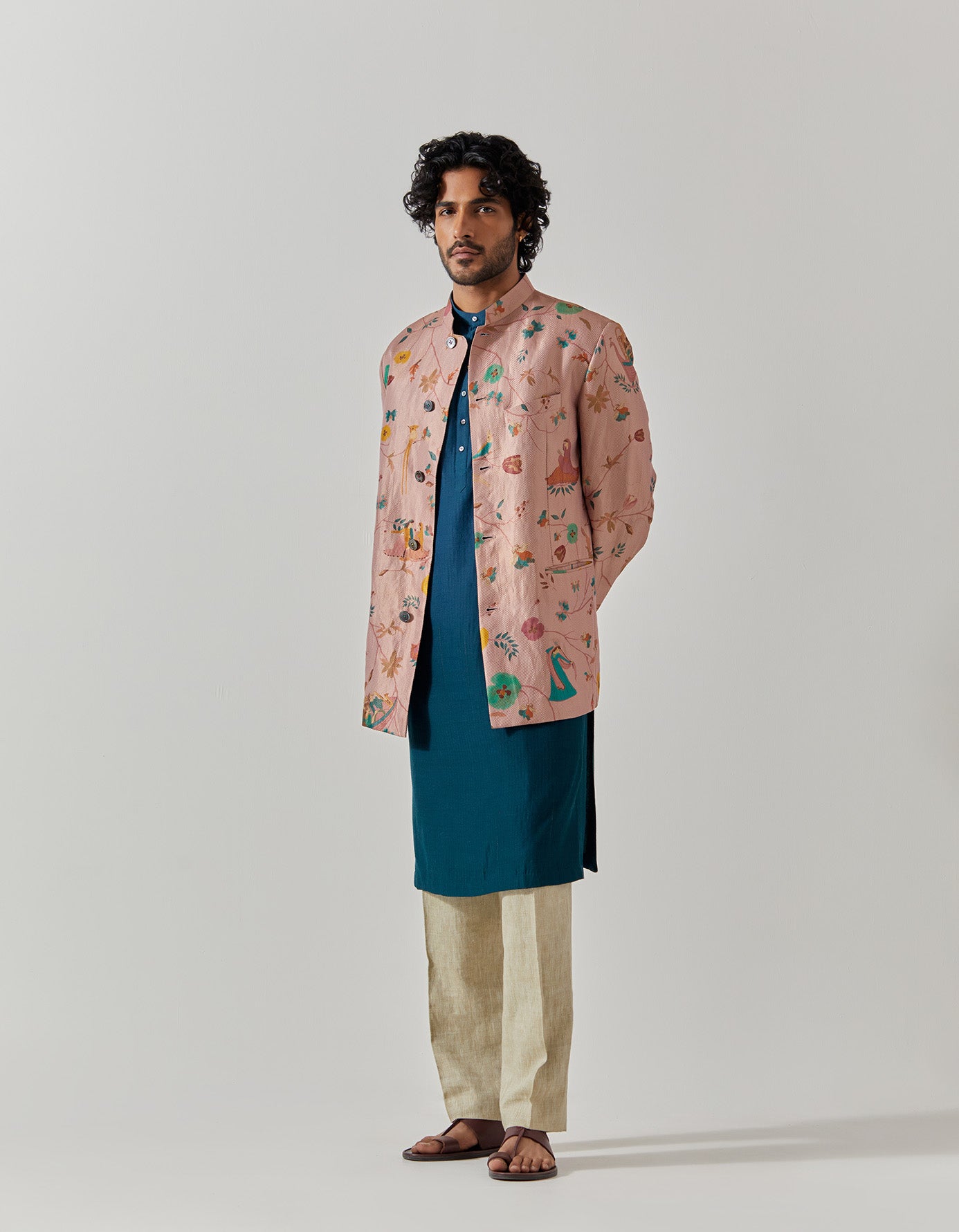 Elegant Bandhgala Silk Brocade Jacket with Quartz Vineyard Design | Premium Indian Menswear for Weddings & Special Occasions