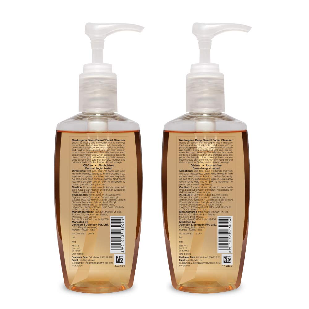 Neutrogena Deep Clean Facial Cleanser for Oily & Acne-Prone Skin - 200ml (Pack of 2) | Oil-Free Face Wash with Salicylic Acid | Perfect for Daily Skincare Routine & Travel