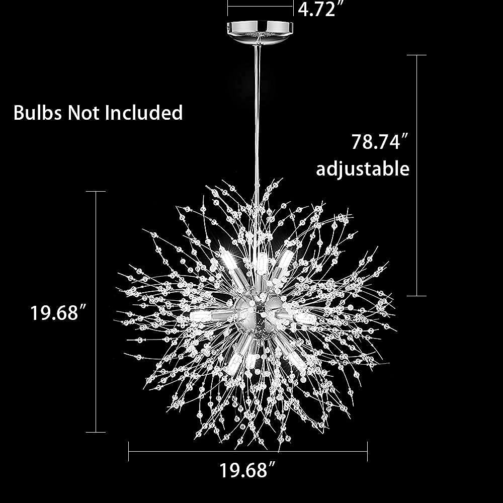 Modern Crystal Chandeliers - 9-Light Chrome Dandelion Firework Pendant Lighting Fixture for Dining Room, Bedroom, Living Room, Restaurant, Kitchen & Hallway | Elegant Ceiling Light for Home Decor & Commercial Spaces
