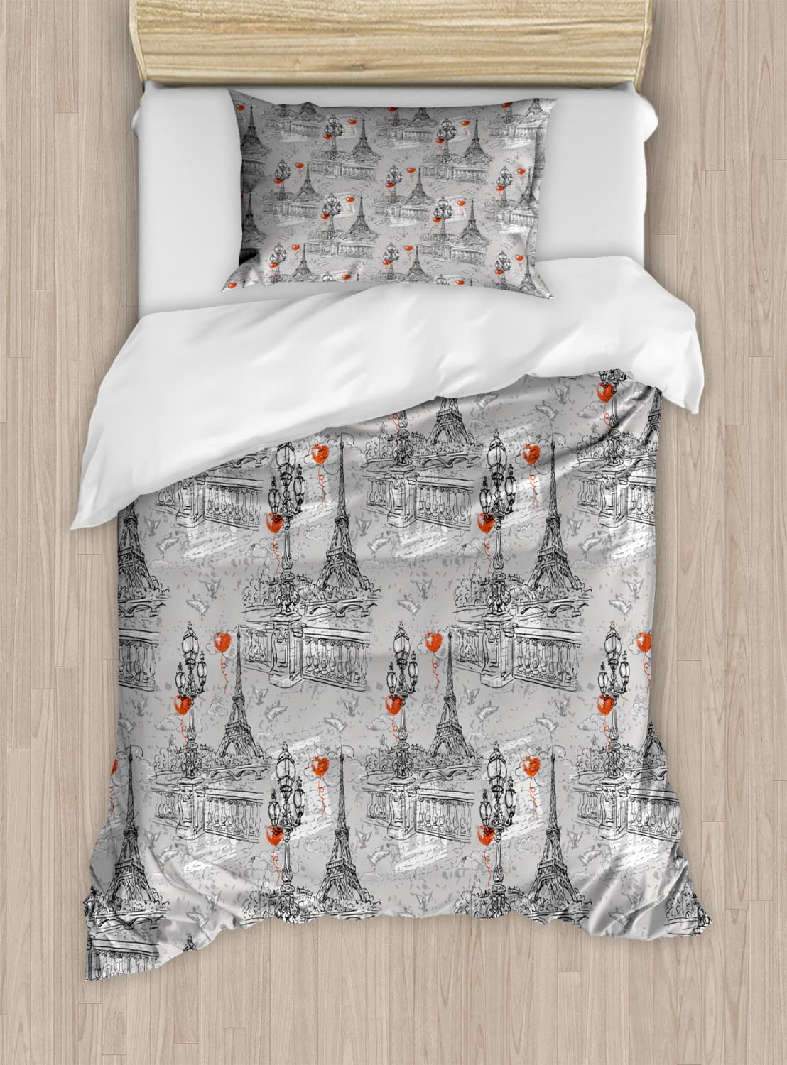 Ambesonne Eiffel Tower Duvet Cover Set - Vintage Grunge Style River Seine & Doves Design - 2-Piece Twin Size Bedding Set with 2 Duvet Covers & 2 Pillowcases (Black, Grey, Red) - Perfect for Paris-Themed Bedrooms & French Decor