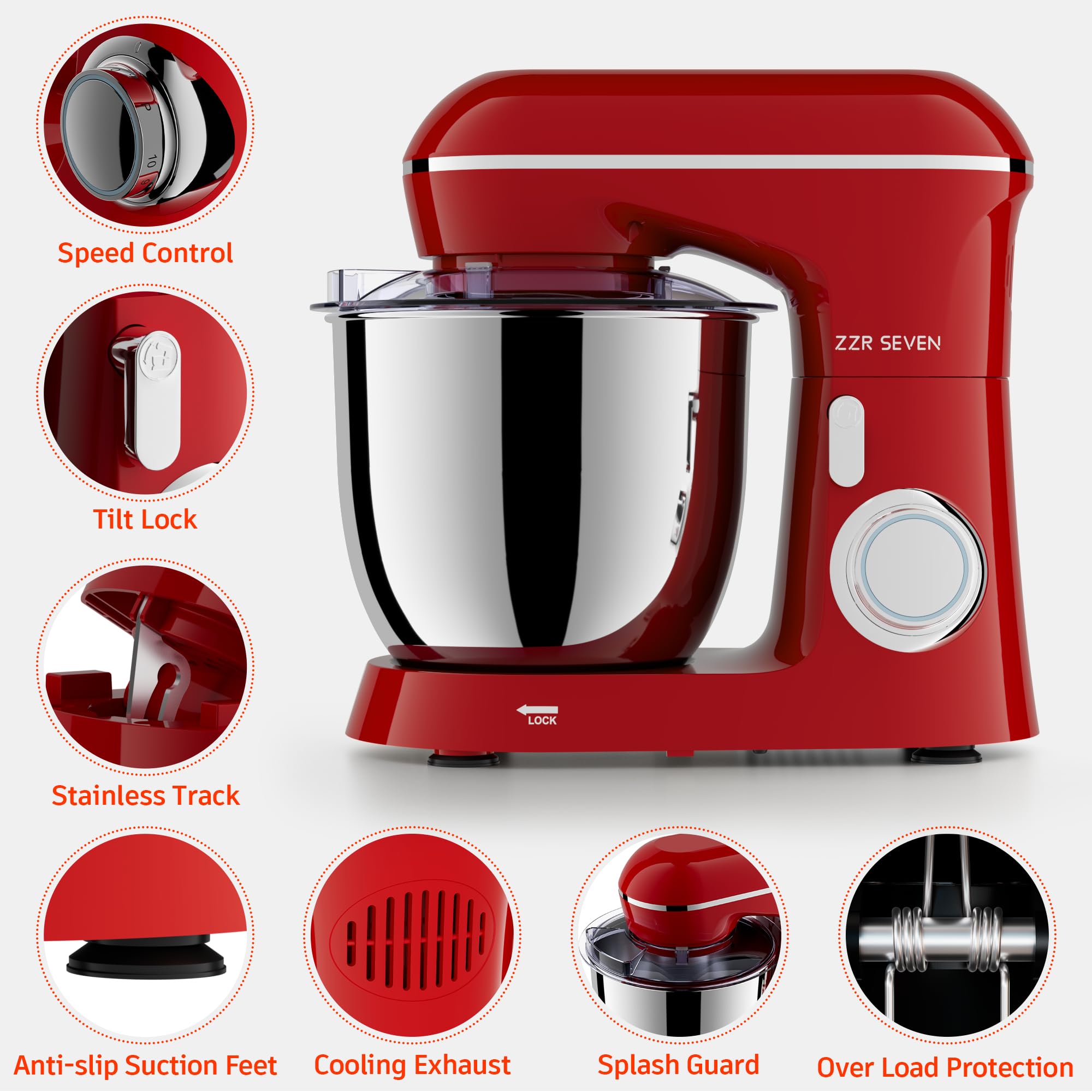 450W Stand Mixer with 5.5QT Stainless Steel Bowl - Professional Kitchen Mixer for Dough, Cake & Baking | Includes Beater, Dough Hook & Egg Whisk | Perfect for Home Bakers & Small Bakeries (Red)