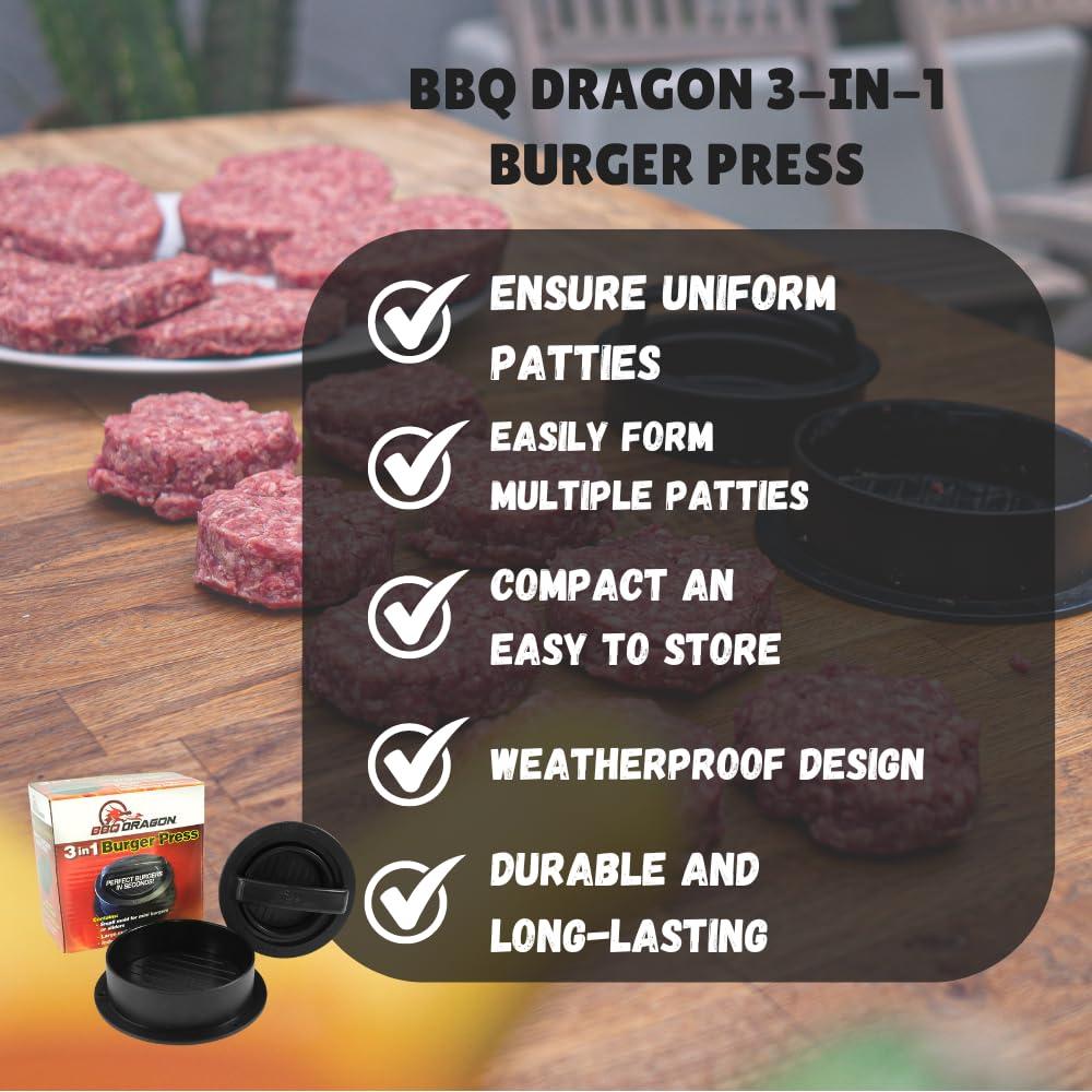 BBQ Dragon 3-in-1 Non-Stick Hamburger Patty Maker - Perfect for Sliders, Stuffed Burgers & Full-Sized Patties - Dishwasher Safe Burger Press Mold & Grill Accessory - Ideal for Backyard BBQs, Cookouts & Outdoor Cooking Parties