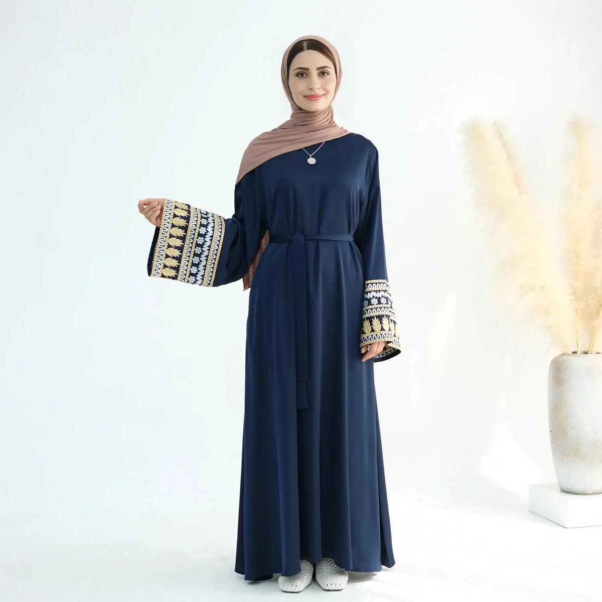 Elegant Satin Abaya Dress with Embroidery Cuff - Modest Islamic Clothing for Women | Perfect for Prayer, Eid, and Special Occasions