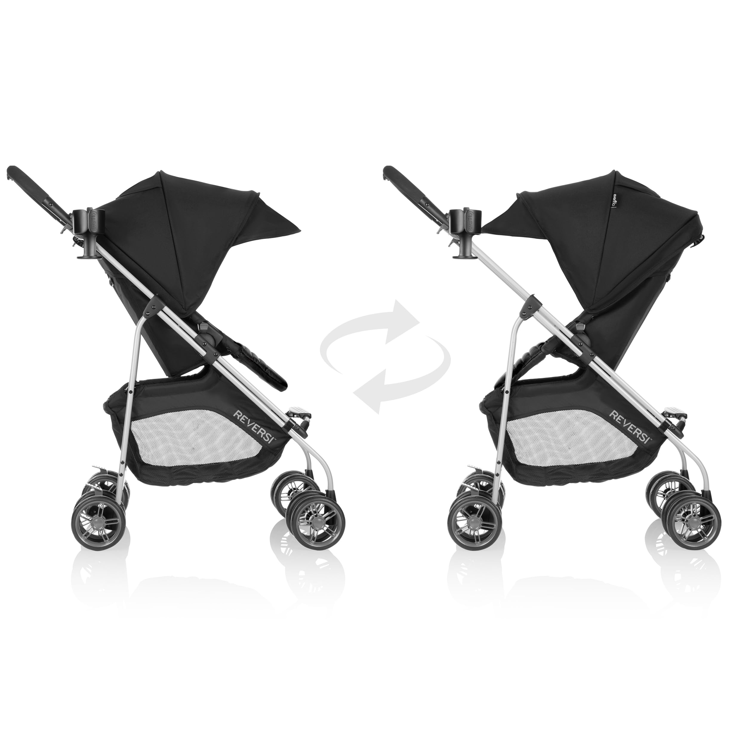 Evenflo Reversi Lightweight Reversible Stroller - Compact Foldable Baby Stroller with Adjustable Canopy & Parent Tray, Altair Black | Perfect for Travel, Shopping & Daily Walks