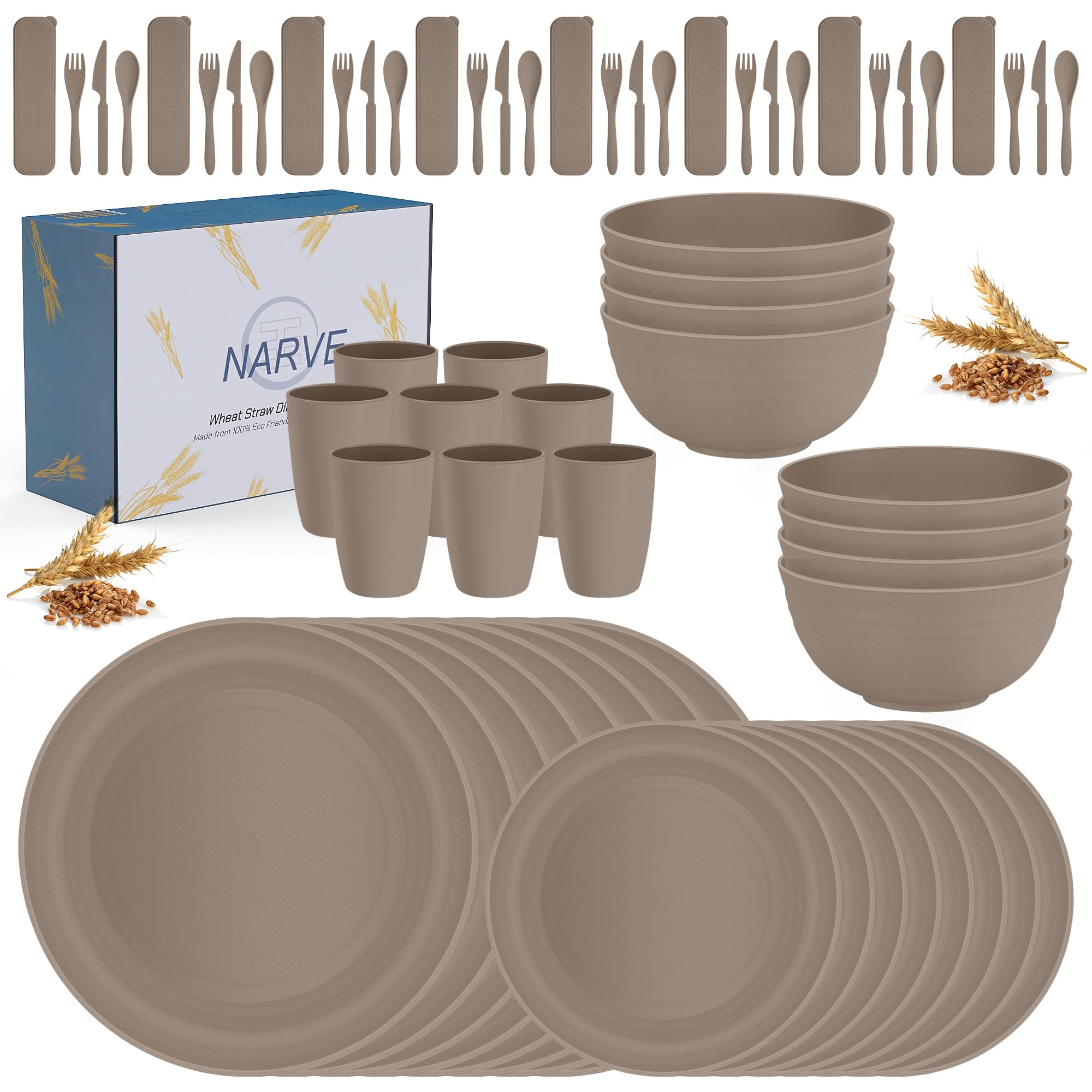 32-Piece Wheat Straw Dinnerware Set | Unbreakable, Microwave & Dishwasher Safe | Eco-Friendly Plates & Bowls for 4 | Lightweight Reusable Dinnerware (Desert Taupe) | Perfect for Camping, Picnics & Everyday Use