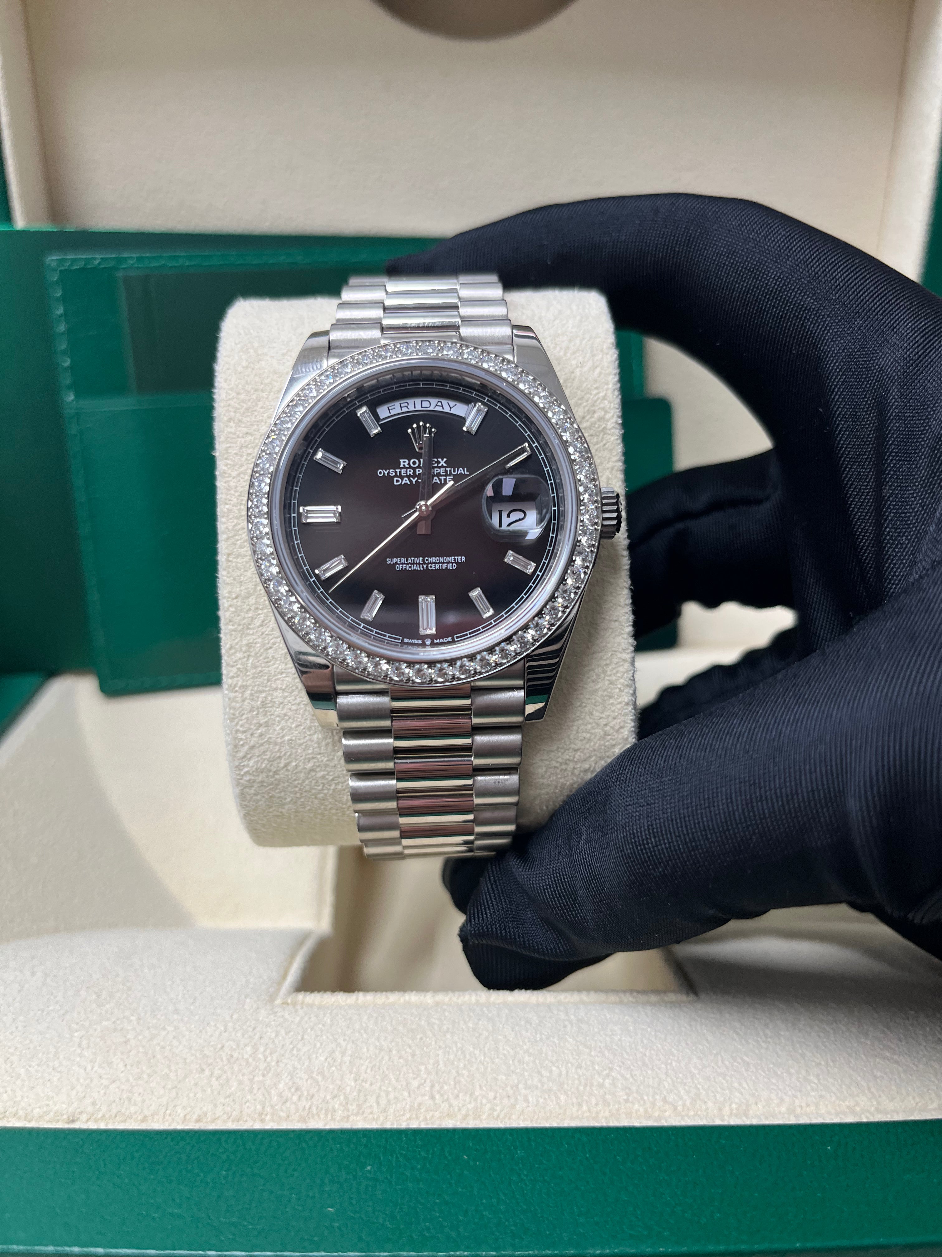 Rolex Day Date 40 White Gold Men's Watch with Black Baguette Diamond Dial & Fluted Bezel - Luxury Dress Watch for Business & Formal Occasions