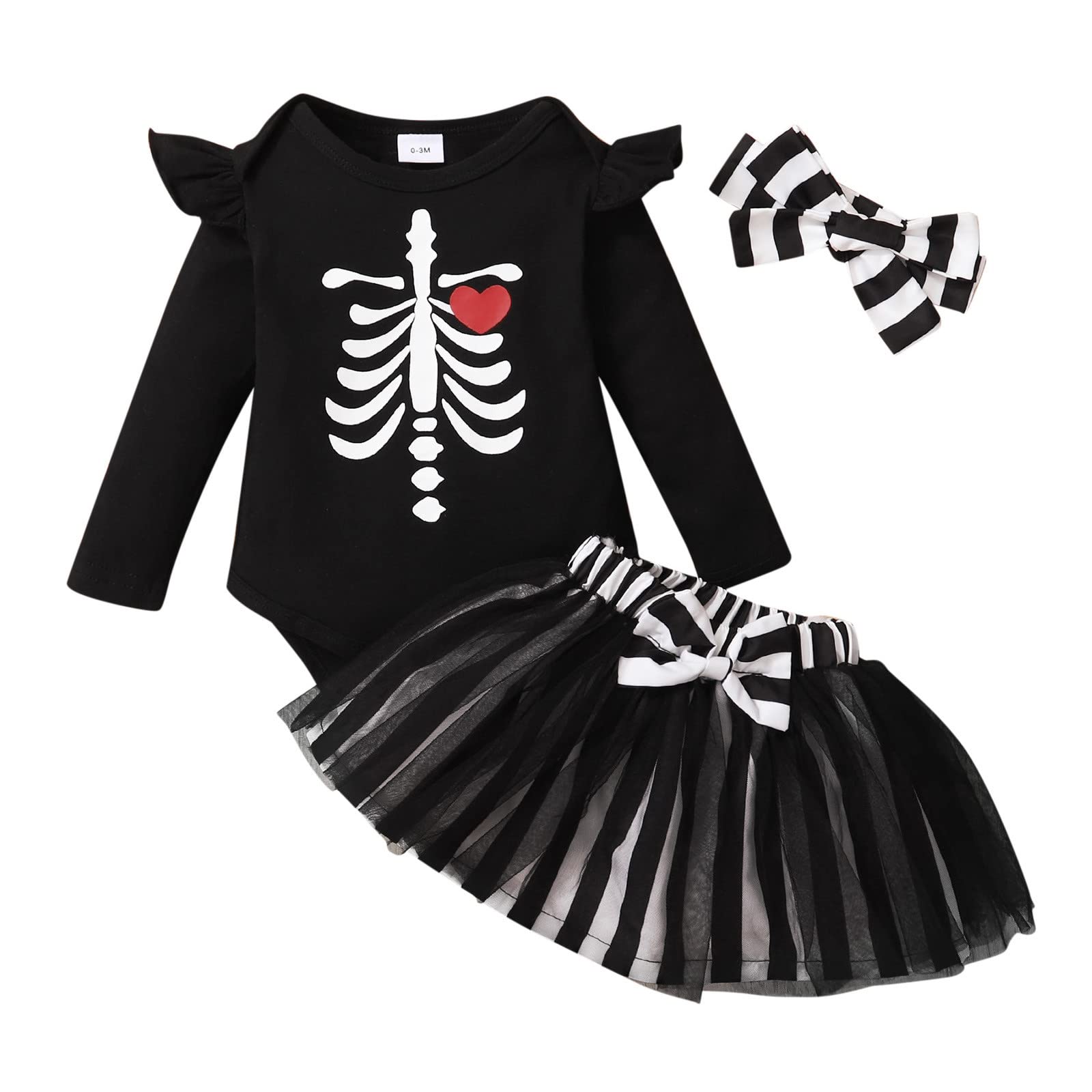 **Adorable Infant Girls Halloween Costume Set - Long Sleeve Cartoon Print Romper & Tulle Skirt Suit with Headband - Newborn Baby Outfits for Trick-or-Treating & Photo Shoots**