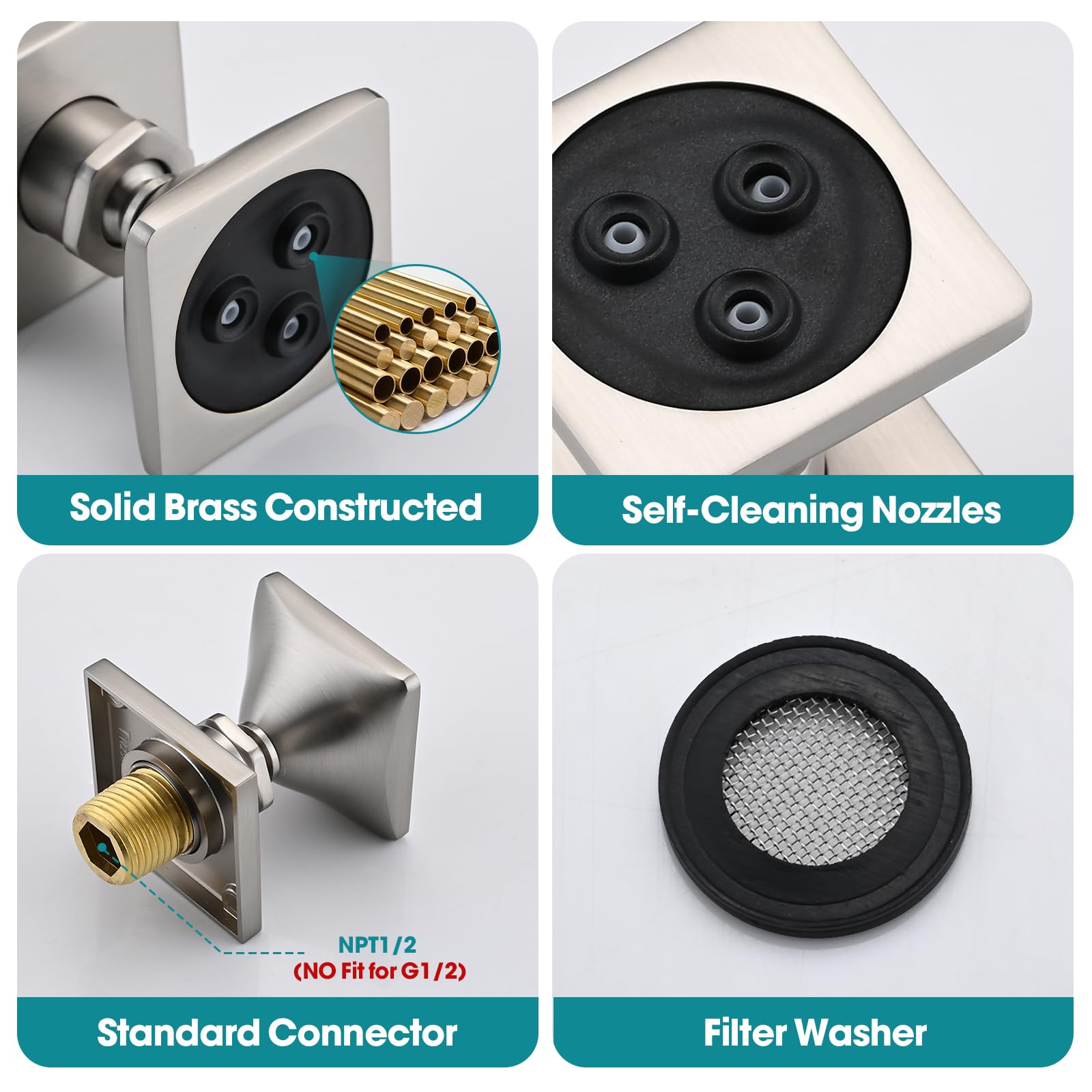 Premium Solid Brass Shower Body Spray Jets - High Pressure Square Massage Jets for Spa-Like Experience - Wall Mounted Brushed Nickel Shower Jets (4PCS) - Perfect for Luxury Bathroom Renovation & Relaxing Hydrotherapy Sessions