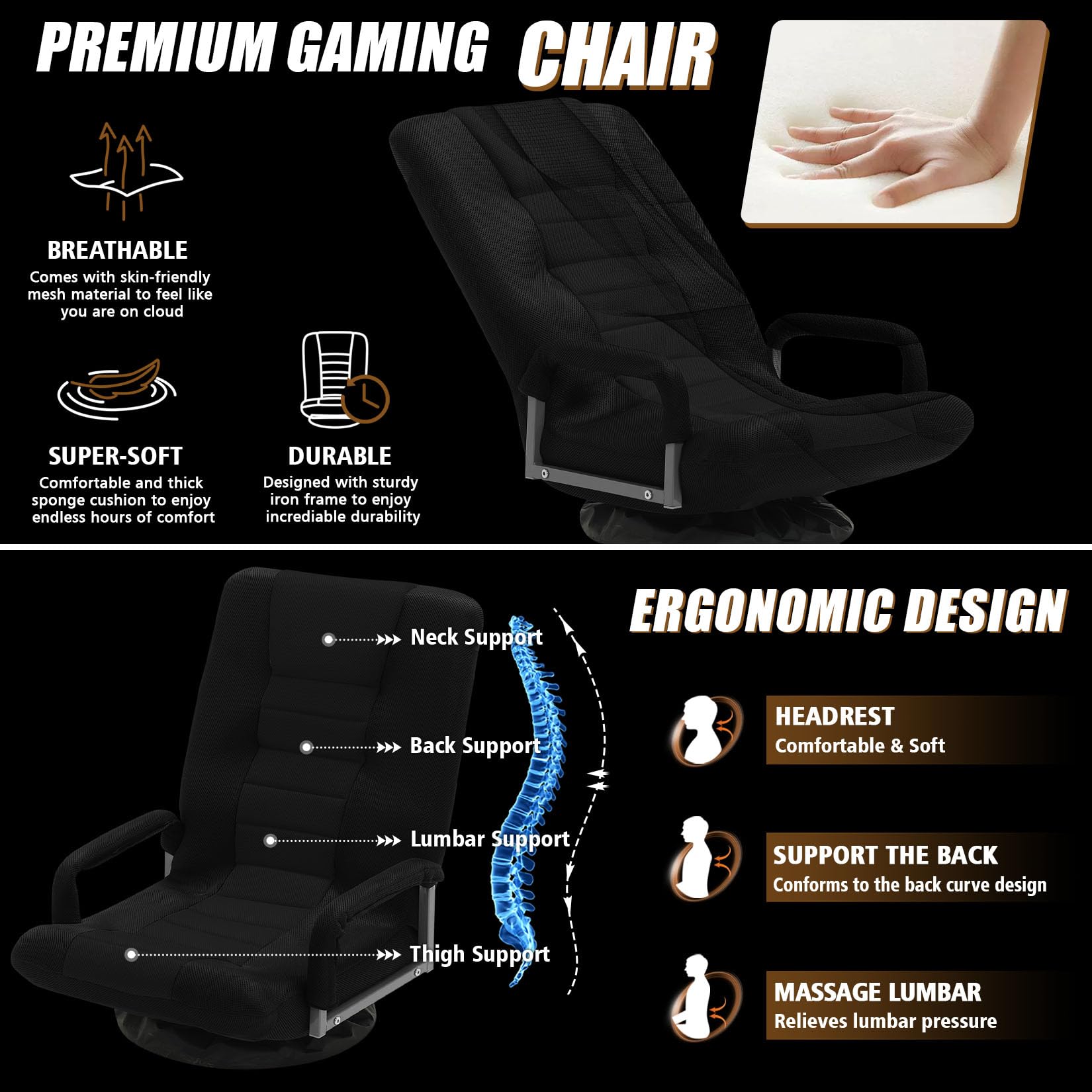 Ergonomic Swivel Gaming Chair with Lumbar Support & 6-Position Adjustable Backrest - Multi-Purpose Floor Chair for Video Games, TV Watching, Reading - Comfortable Seat for Adults & Kids (Black) - Perfect for Gaming Rooms, Home Theaters & Study Areas