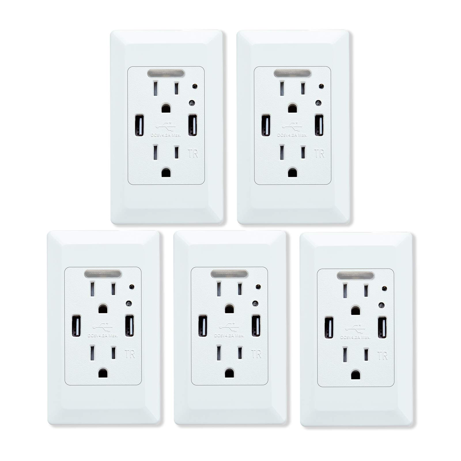 5 Pack USB Wall Outlet with Night Light - 2 USB Charging Ports (4.2A) & 2 AC Outlets (15A Tamper Resistant) - White Electrical Socket with Wall Plate & Auto LED Night Light for Bedroom, Kitchen, Office, Hotel