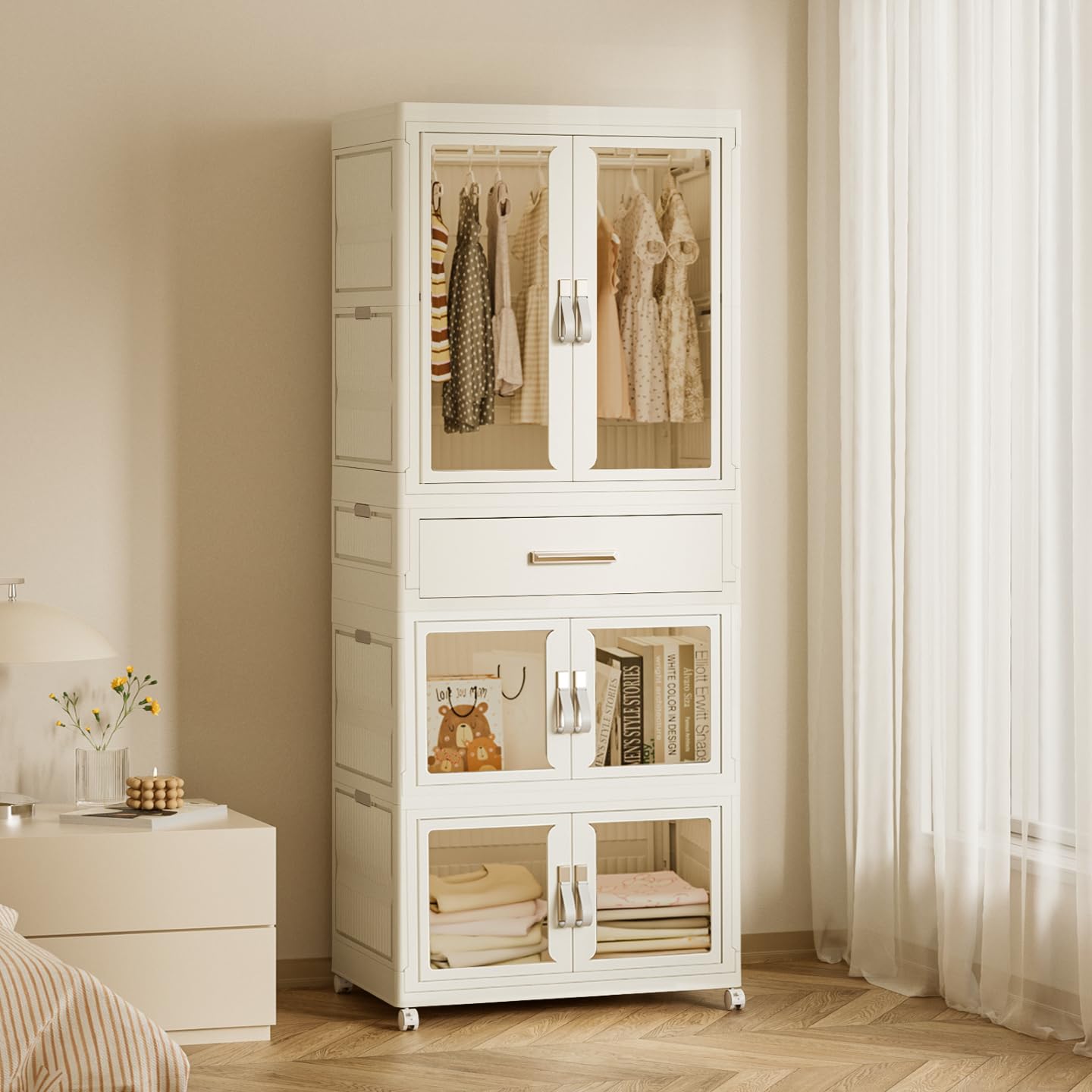 Portable Kids Closet with Drawers & Doors - Large Collapsible Wardrobe for Children & Adults, Baby Clothes Storage Organizer, Dress Up Cabinet with Hanging Rod | Perfect for Nursery, Bedroom, Playroom & Costume Storage