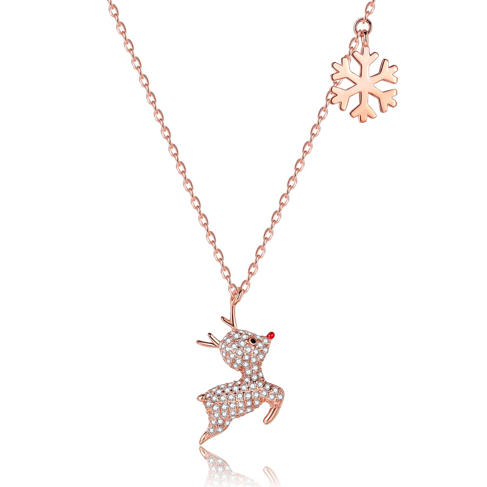 925 Sterling Silver Snowflake Reindeer Pendant Necklace with Cubic Zirconia | Christmas Birthday Thanksgiving Gift for Women & Girls | Elegant Deer Antler Charm Jewelry for Holiday Parties & Special Occasions