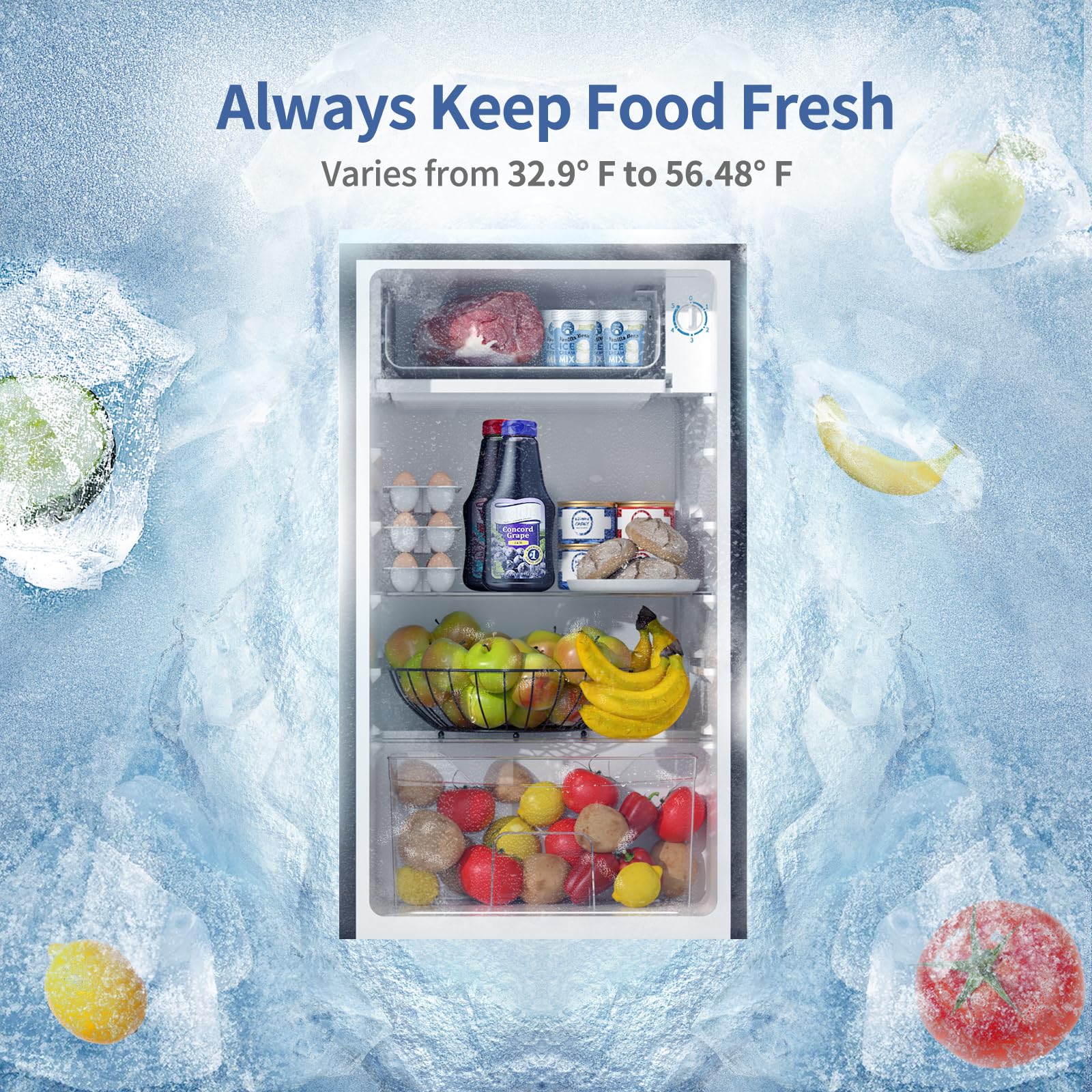 BANGSON 3.2 Cu.Ft Mini Fridge with Freezer - Energy Efficient, Ultra Quiet Compact Refrigerator for Bedroom, Dorm, Office & Small Spaces - Perfect for Snacks, Drinks & Beauty Products Storage - Black